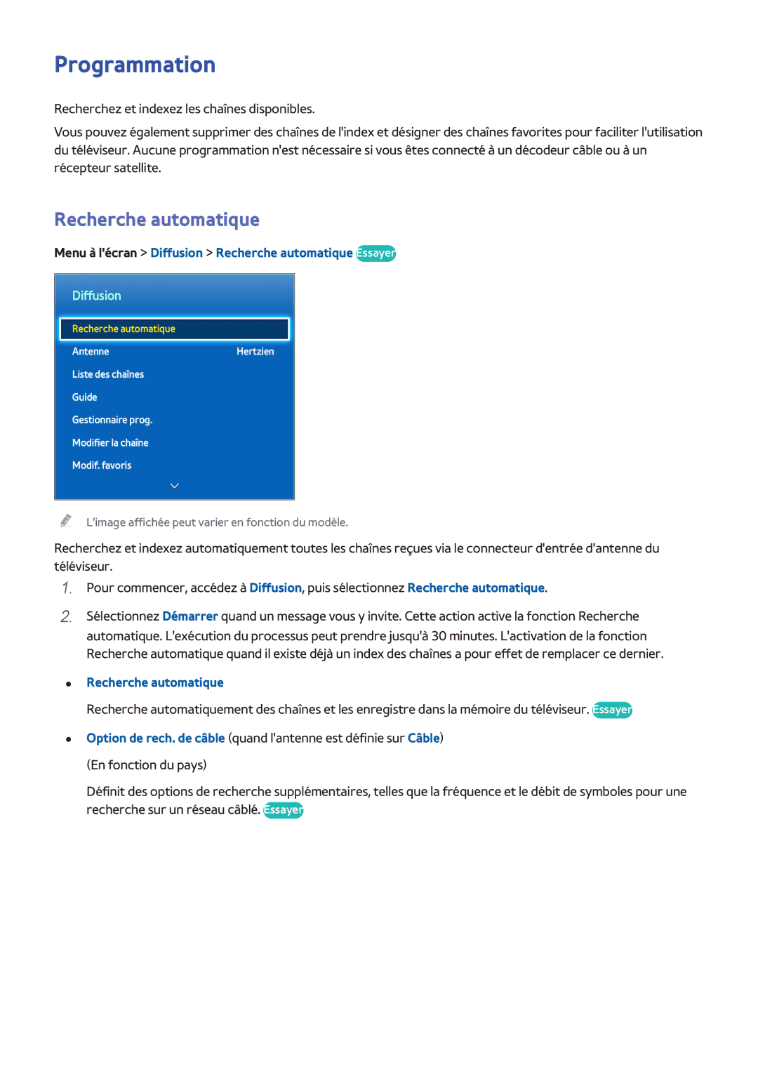 Samsung UE55F6500SSXZF, UE46F6670SSXZF manual Programmation, Menu à lécran Diffusion Recherche automatique Essayer 