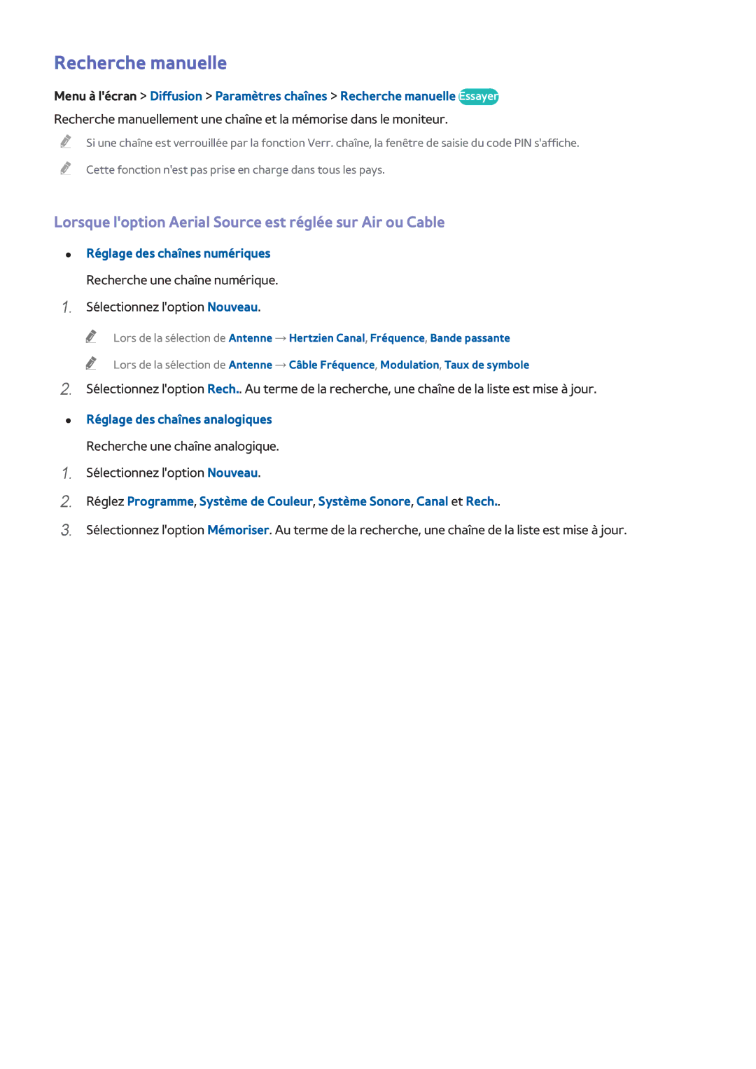 Samsung UE55F6670SSXZF, UE46F6670SSXZF manual Recherche manuelle, Lorsque loption Aerial Source est réglée sur Air ou Cable 