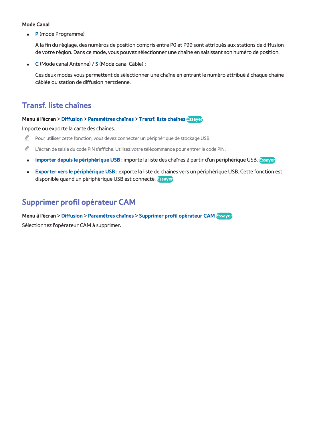 Samsung UE46F6200AWXZF, UE46F6670SSXZF, UE46F6640SSXZF Transf. liste chaînes, Supprimer profil opérateur CAM, Mode Canal 