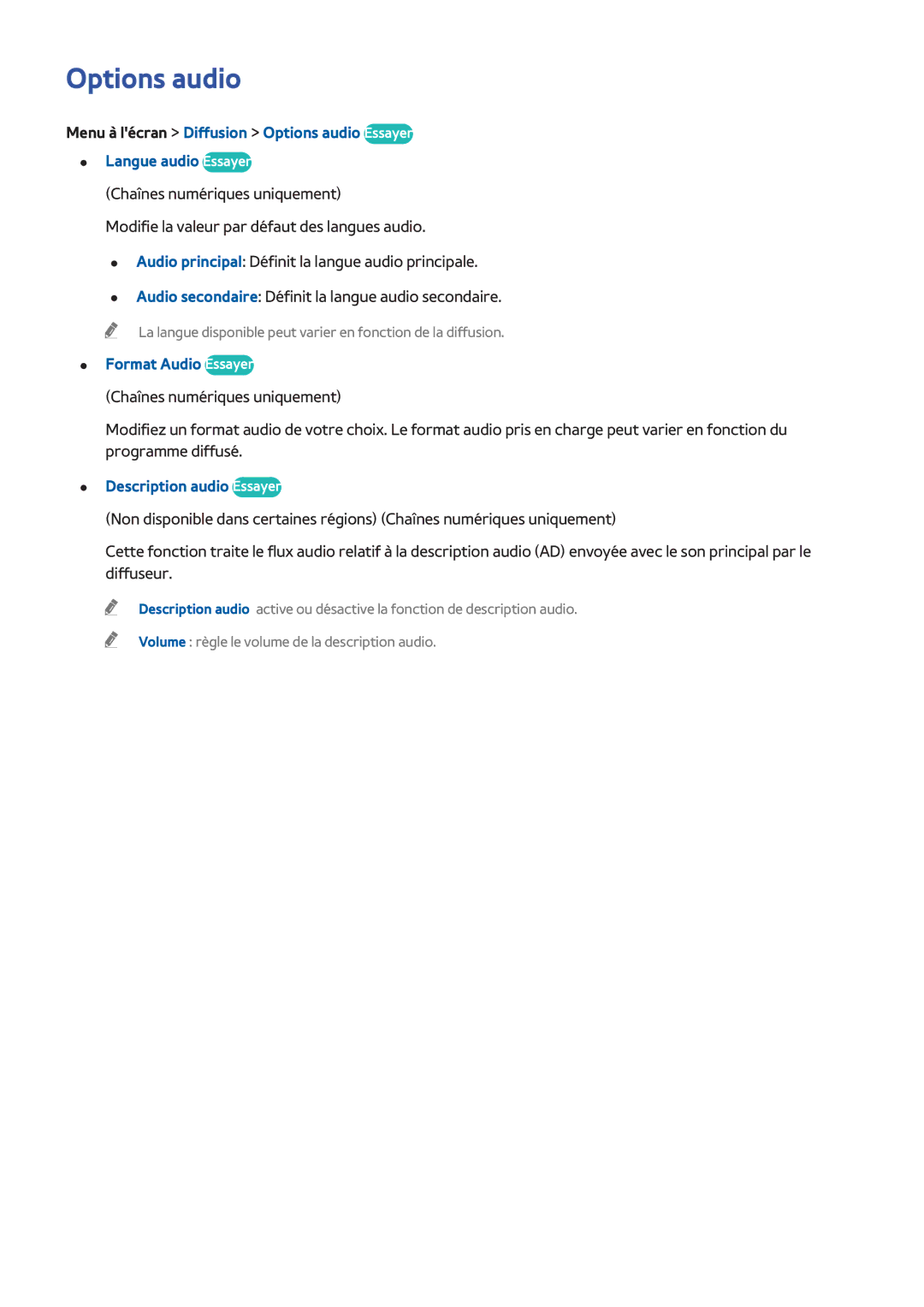 Samsung UE32F5370SSXZF, UE46F6670SSXZF, UE46F6640SSXZF manual Options audio, Format Audio Essayer, Description audio Essayer 