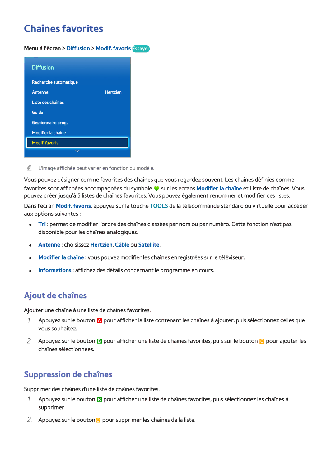 Samsung UE40F6670SSXZF, UE46F6670SSXZF Chaînes favorites, Ajout de chaînes, Menu à lécran Diffusion Modif. favoris Essayer 