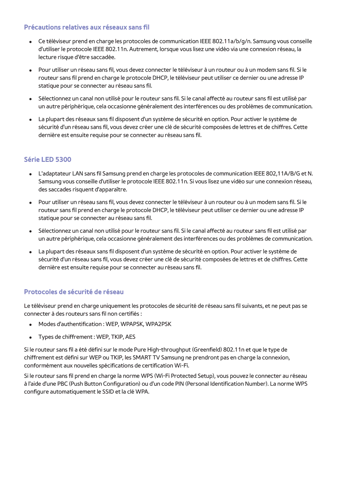 Samsung UE32F4500AWXZF, UE46F6670SSXZF manual Précautions relatives aux réseaux sans fil, Protocoles de sécurité de réseau 