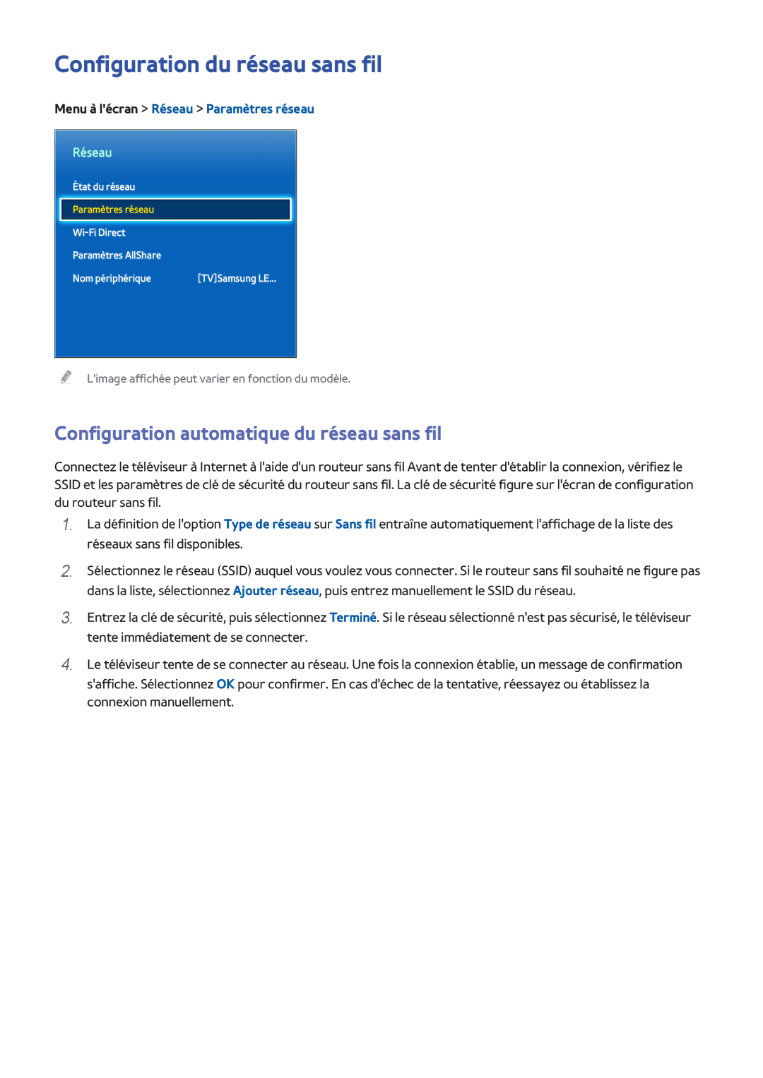 Samsung UE40F6400AWXZF, UE46F6670SSXZF manual Configuration du réseau sans fil, Configuration automatique du réseau sans fil 