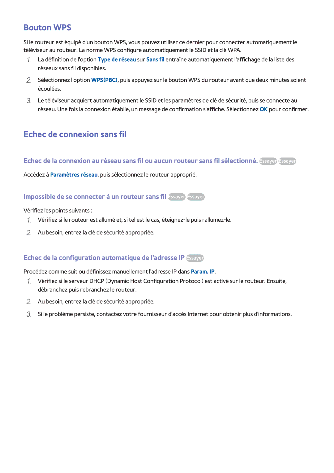 Samsung UE65F6400AWXZF, UE46F6670SSXZF, UE46F6640SSXZF, UE32F4500AWXXH manual Bouton WPS, Echec de connexion sans fil 