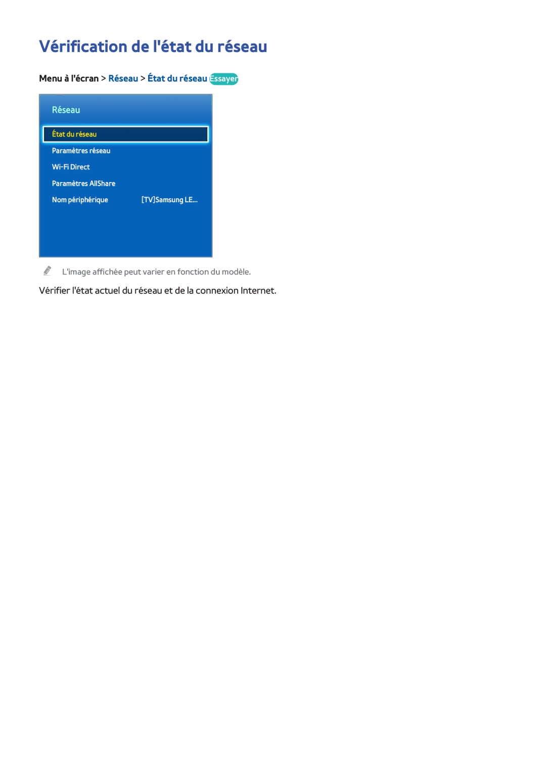 Samsung UE55F6320AWXZF, UE46F6670SSXZF manual Vérification de létat du réseau, Menu à lécran Réseau État du réseau Essayer 