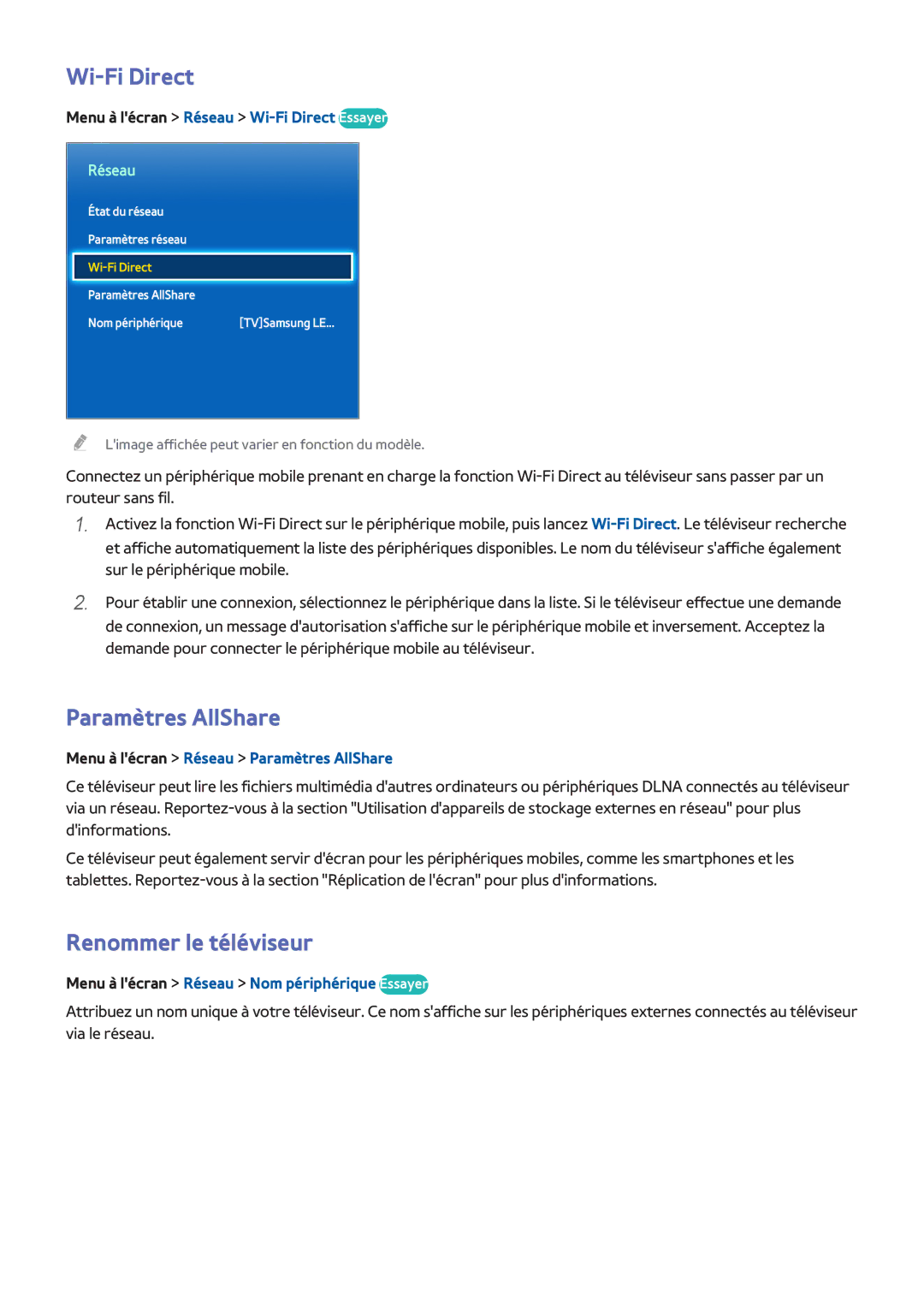 Samsung UE55F6510SSXZF, UE46F6670SSXZF, UE46F6640SSXZF manual Wi-Fi Direct, Paramètres AllShare, Renommer le téléviseur 