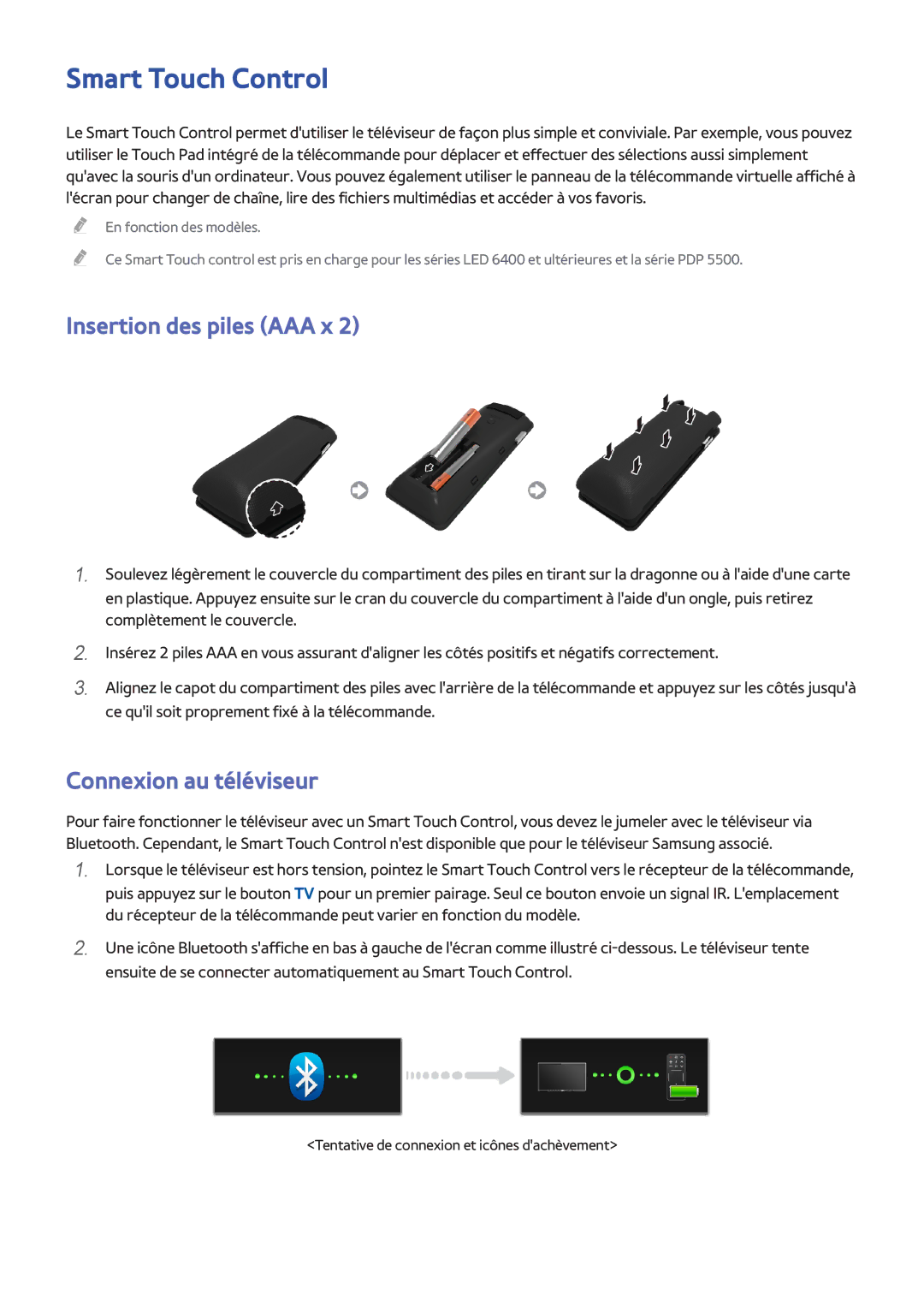 Samsung UE32F6800SSXZF, UE46F6670SSXZF manual Smart Touch Control, Insertion des piles AAA x, Connexion au téléviseur 