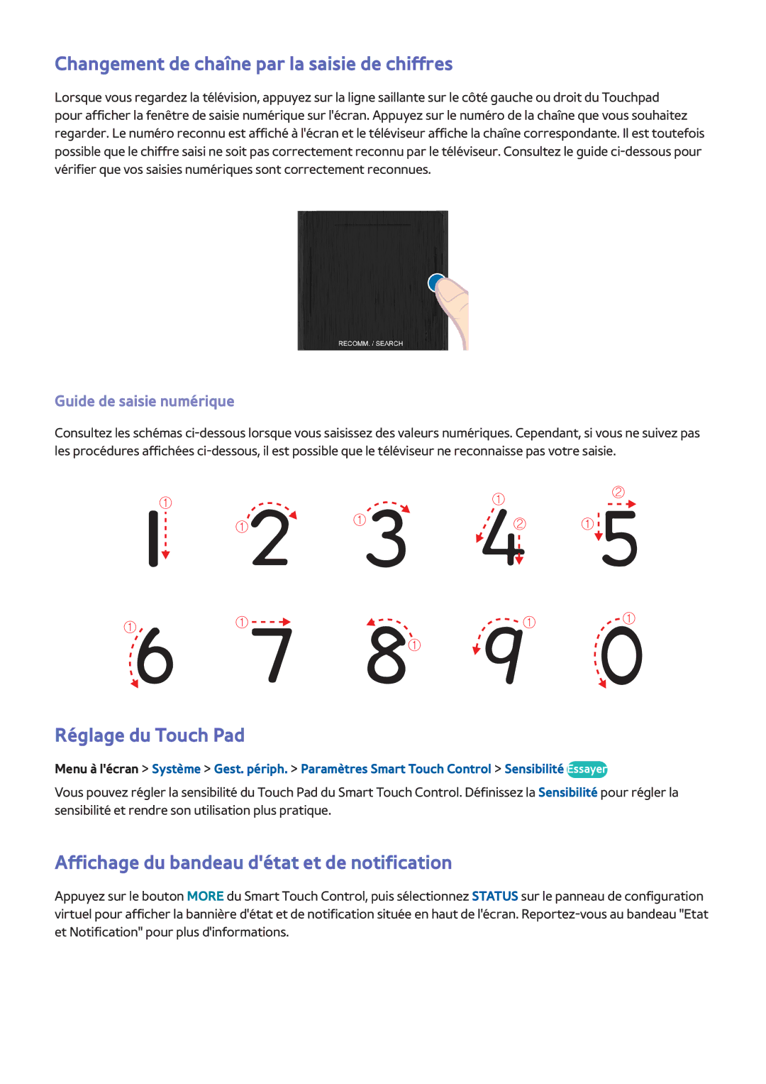 Samsung UE32F6200AWXZF Changement de chaîne par la saisie de chiffres, Réglage du Touch Pad, Guide de saisie numérique 