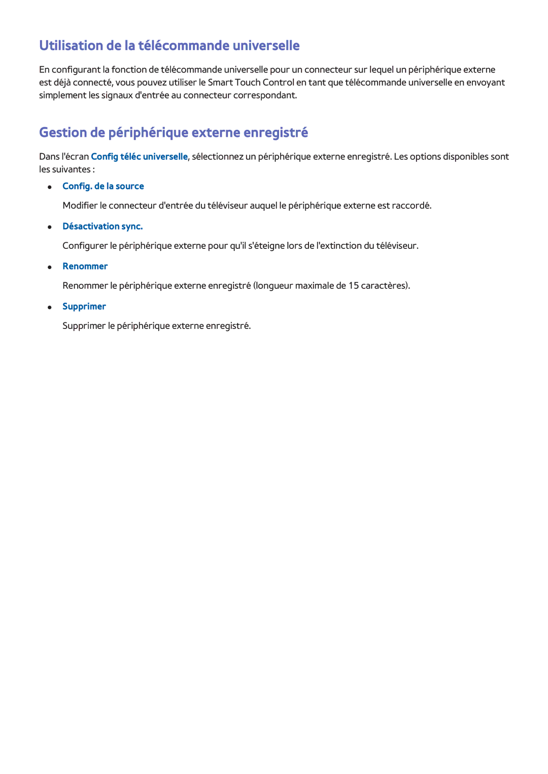 Samsung UE42F5300AWXZF manual Utilisation de la télécommande universelle, Gestion de périphérique externe enregistré 