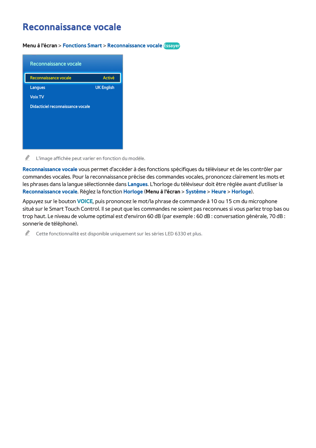 Samsung UE42F5370SSXZF, UE46F6670SSXZF, UE46F6640SSXZF manual Menu à lécran Fonctions Smart Reconnaissance vocale Essayer 