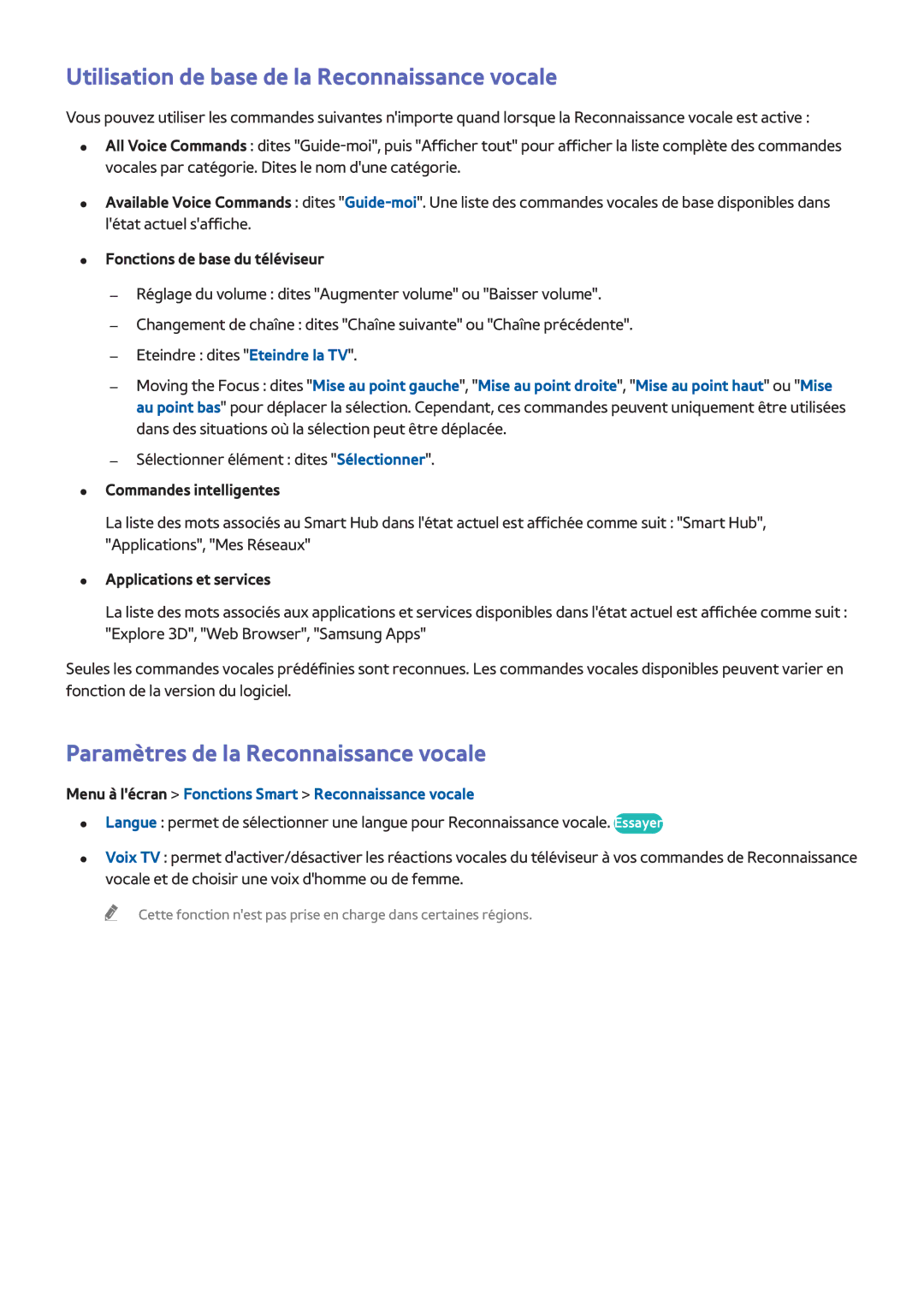 Samsung UE55F6650SSXZF manual Utilisation de base de la Reconnaissance vocale, Paramètres de la Reconnaissance vocale 