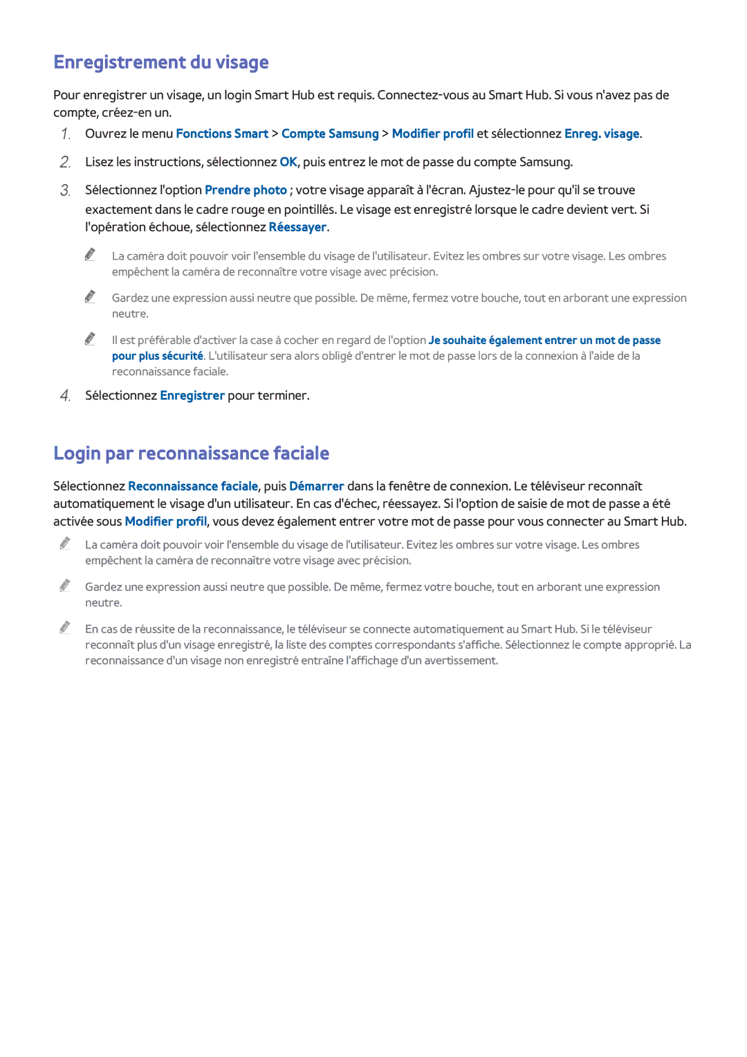 Samsung UE40F6500SSXZF, UE46F6670SSXZF, UE46F6640SSXZF manual Enregistrement du visage, Login par reconnaissance faciale 