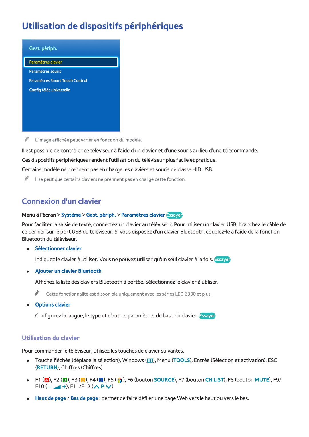 Samsung UE46F6800SSXZF manual Utilisation de dispositifs périphériques, Connexion dun clavier, Utilisation du clavier 