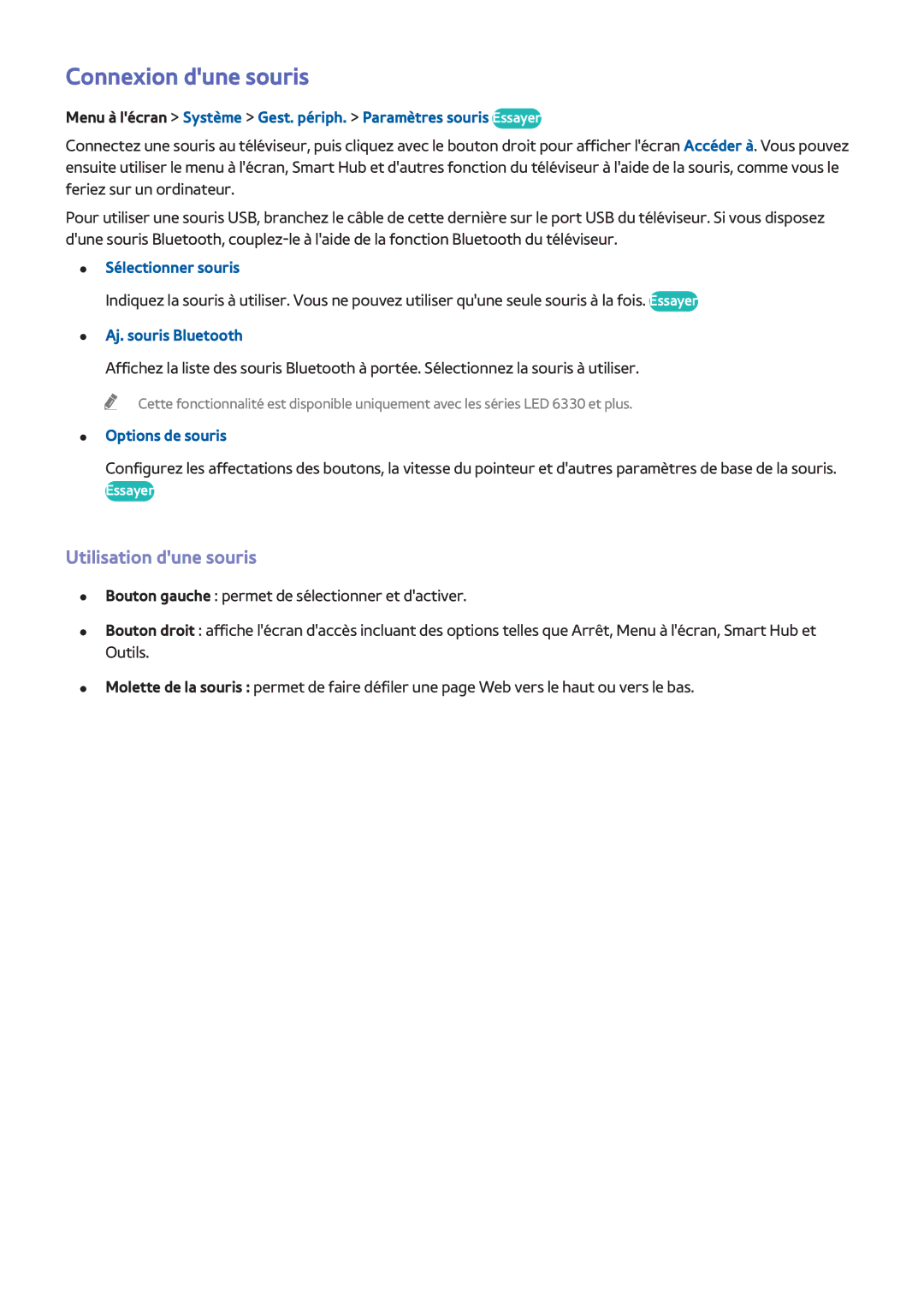Samsung UE46F5370SSXZF manual Connexion dune souris, Utilisation dune souris, Sélectionner souris, Aj. souris Bluetooth 