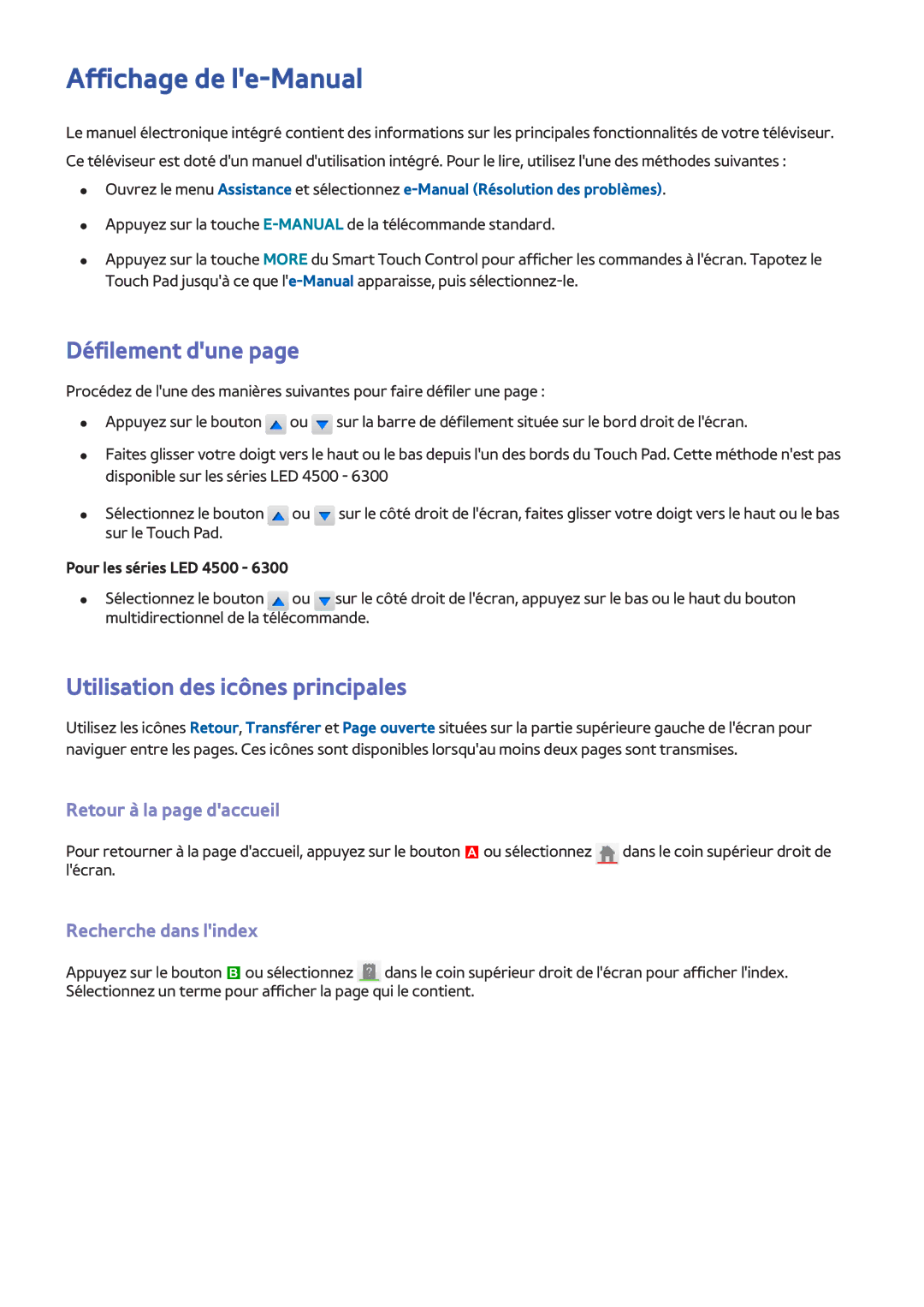 Samsung UE46F6500SSXZF Affichage de le-Manual, Défilement dune, Utilisation des icônes principales, Recherche dans lindex 