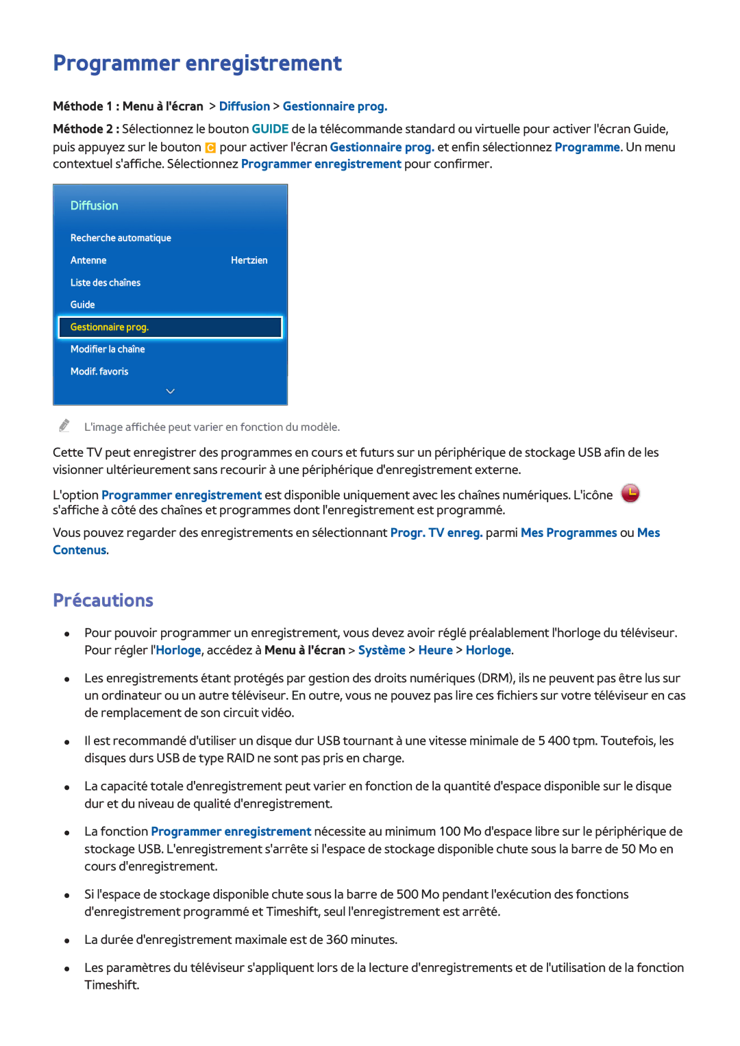 Samsung UE40F6510SSXZF, UE46F6670SSXZF manual Programmer enregistrement, Méthode 1 Menu à lécran Diffusion Gestionnaire prog 