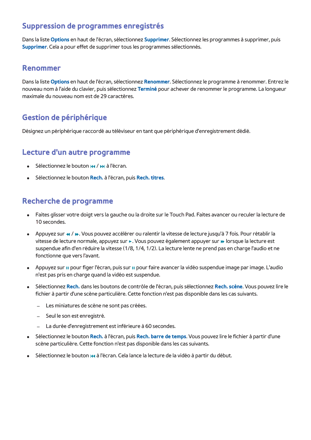 Samsung UE42F5500AWXZF Suppression de programmes enregistrés, Renommer, Gestion de périphérique, Recherche de programme 