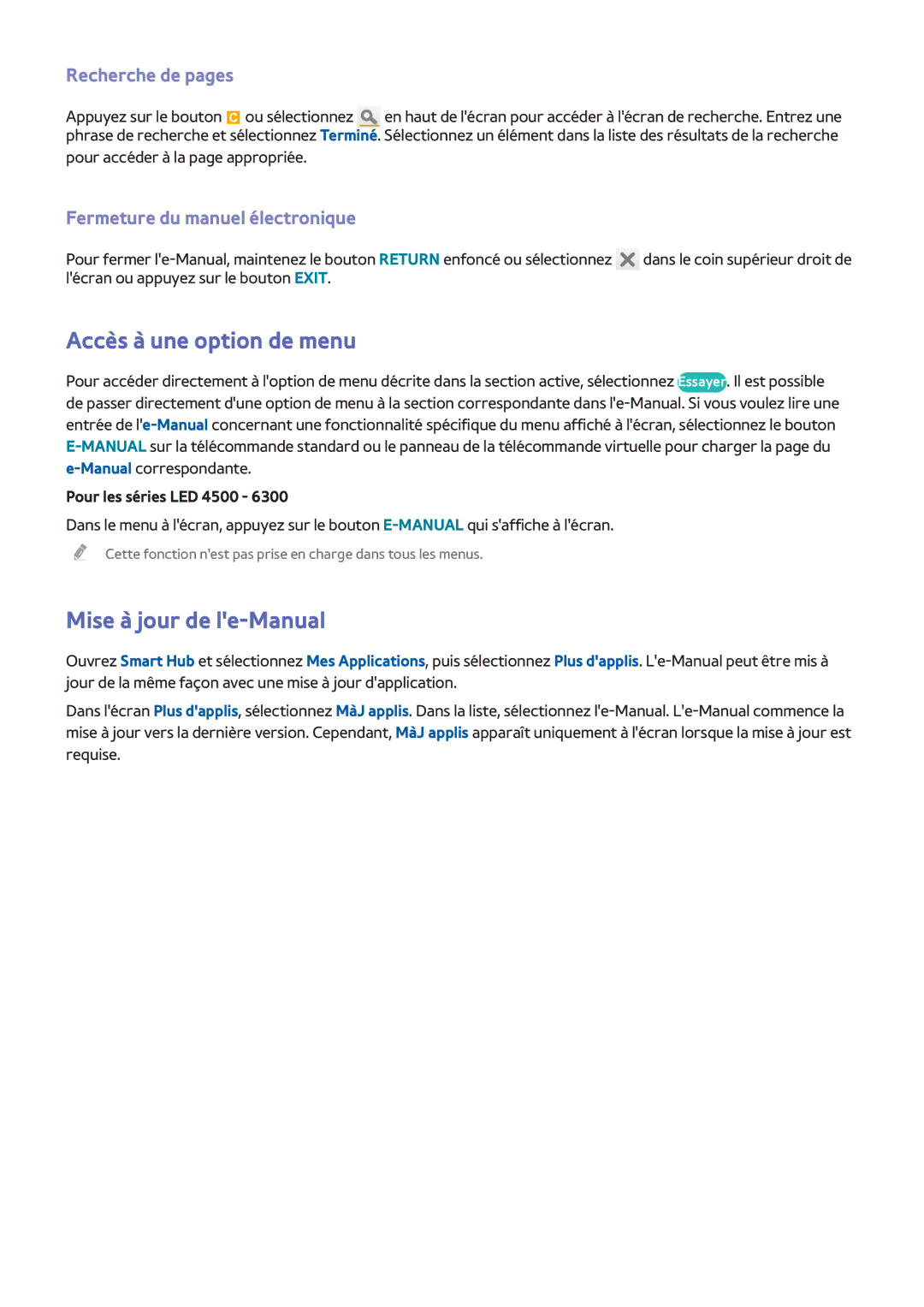Samsung UE46F5500AWXZF, UE46F6670SSXZF manual Accès à une option de menu, Mise à jour de le-Manual, Recherche de pages 