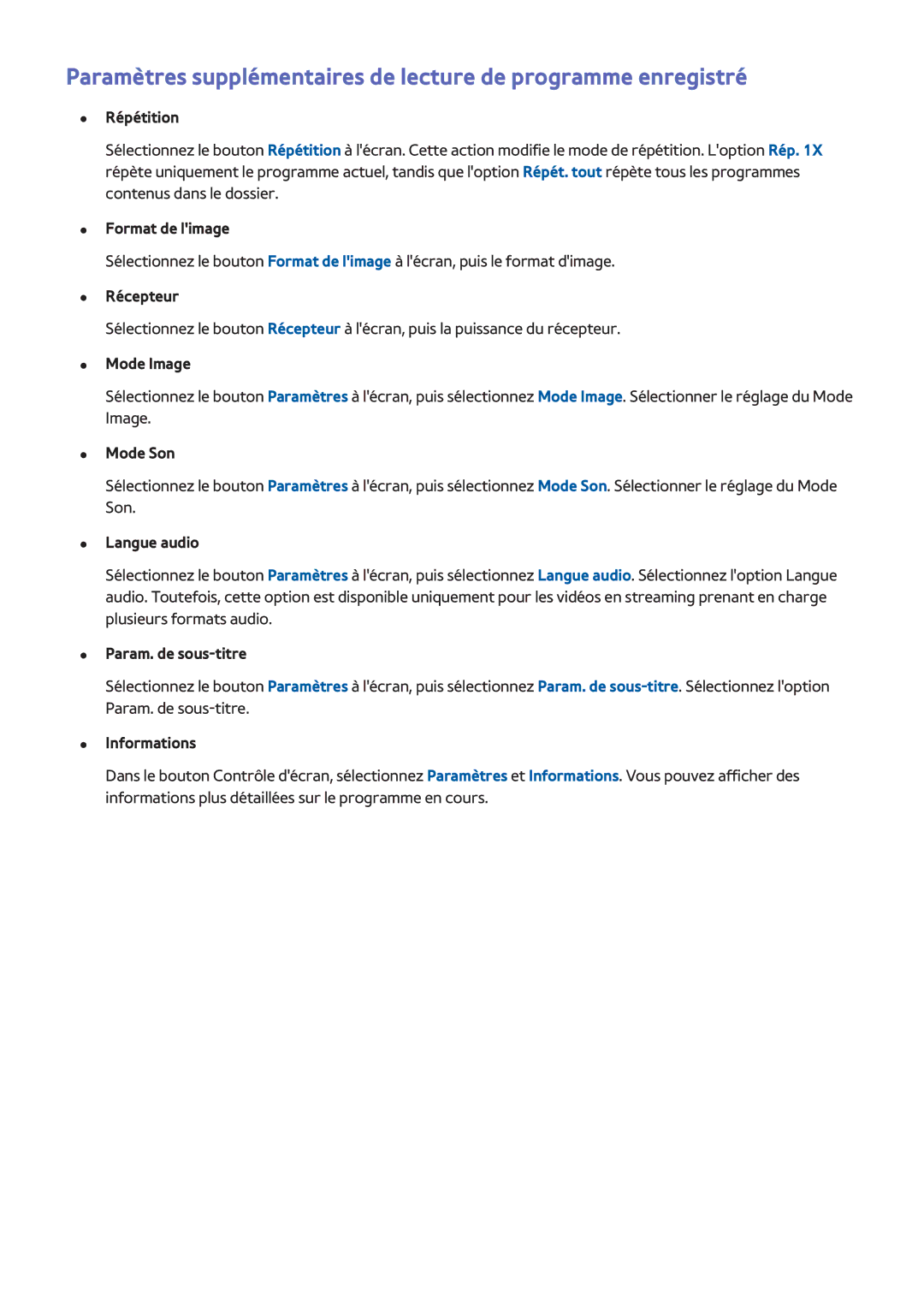 Samsung UE40F6640SSXZF Répétition, Format de limage, Récepteur, Mode Image, Mode Son, Langue audio, Param. de sous-titre 