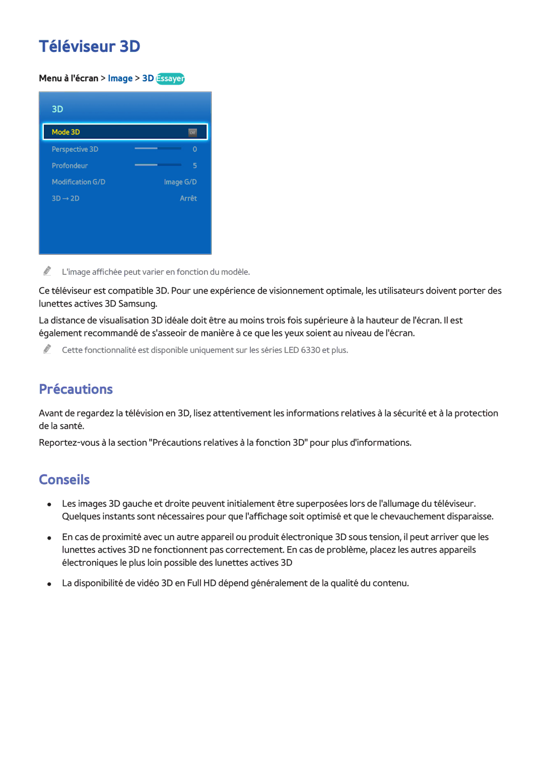 Samsung UE46F6650SSXZF, UE46F6670SSXZF, UE46F6640SSXZF manual Téléviseur 3D, Conseils, Menu à lécran Image 3D Essayer 