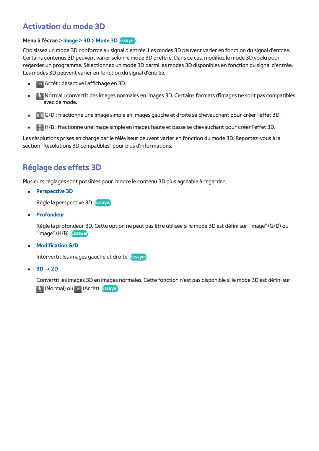 Samsung UE65F6400AWXZF, UE46F6670SSXZF, UE46F6640SSXZF, UE32F4500AWXXH manual Activation du mode 3D, Réglage des effets 3D 