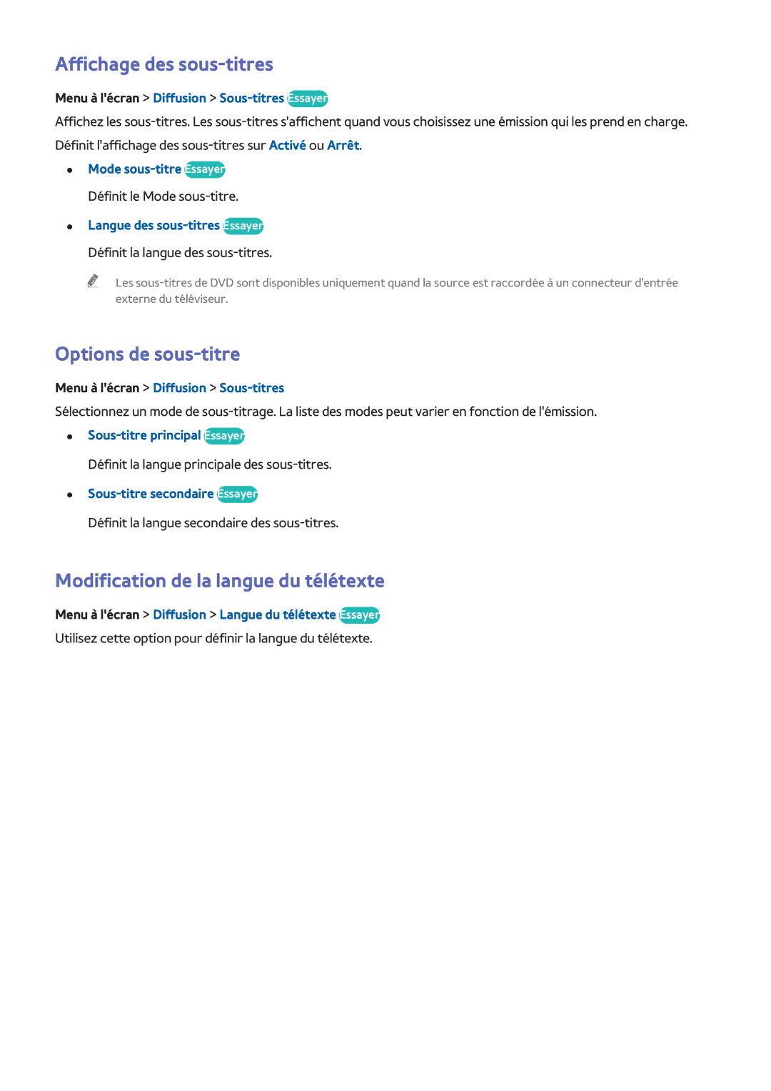 Samsung UE55F6510SSXZF manual Affichage des sous-titres, Options de sous-titre, Modification de la langue du télétexte 