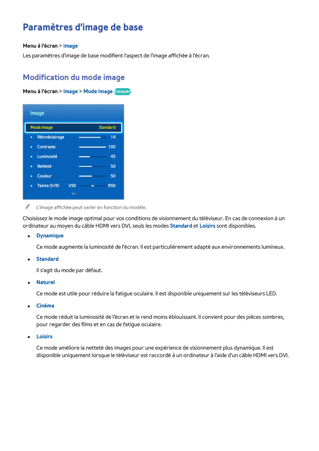 Samsung UE32F6800SSXZF, UE46F6670SSXZF, UE46F6640SSXZF manual Paramètres dimage de base, Modification du mode image  