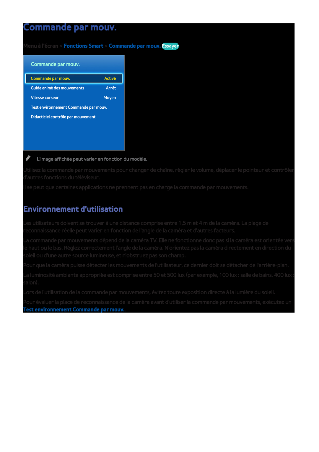 Samsung UE40F6320AWXZF manual Menu à lécran Fonctions Smart Commande par mouv. Essayer, Environnement dutilisation 