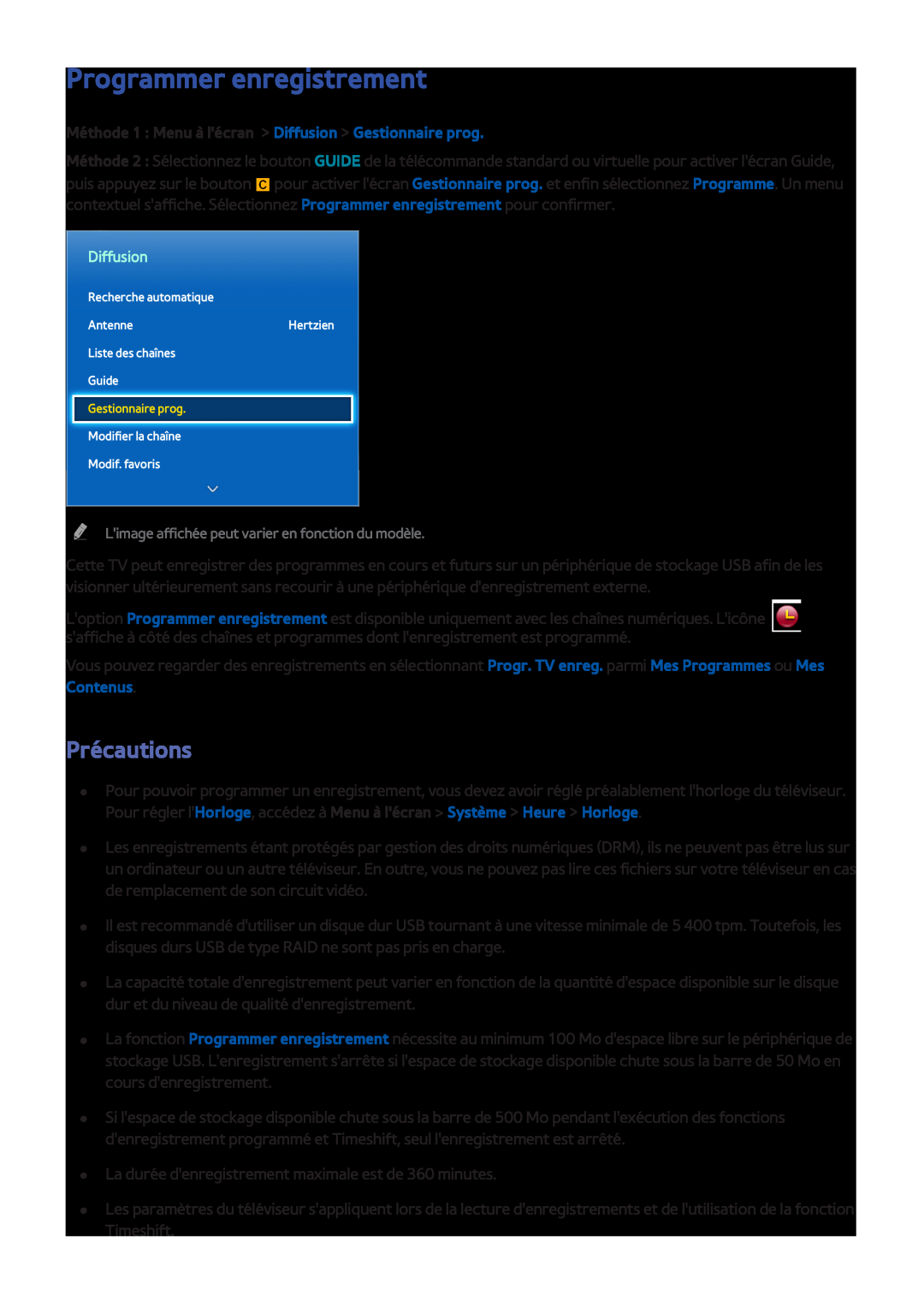 Samsung UE40F6510SSXZF manual Programmer enregistrement, Méthode 1 Menu à lécran Diffusion Gestionnaire prog, Précautions 