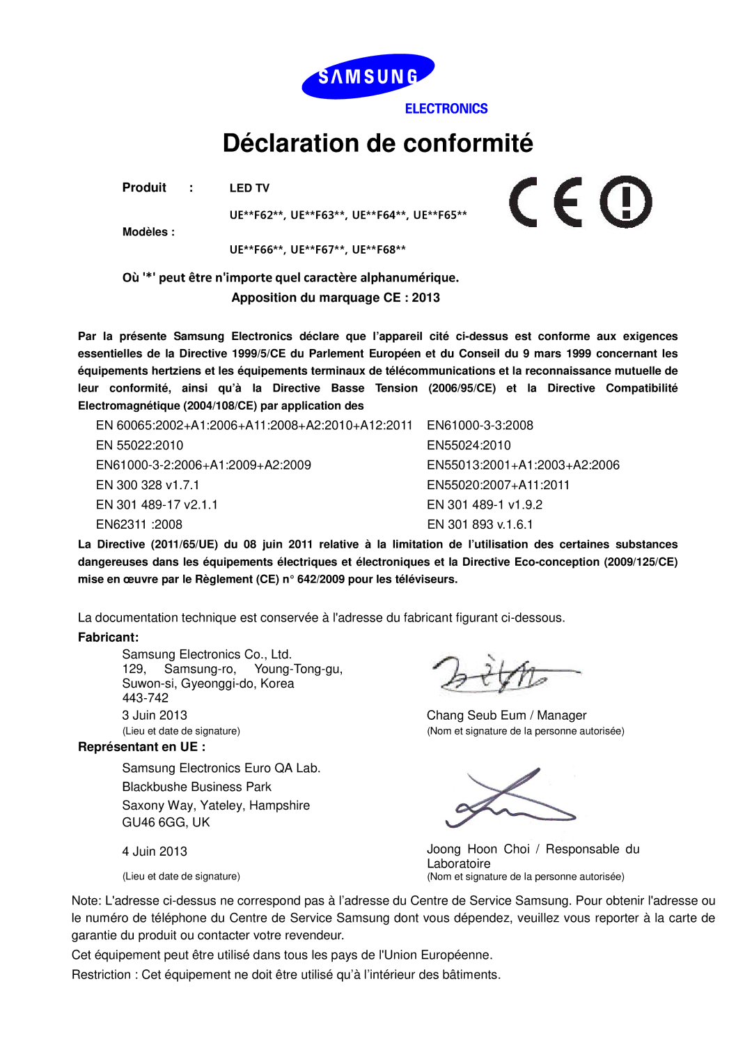 Samsung UE46F6640SSXZF manual Déclaration de conformité, Où * peut être nimporte quel caractère alphanumérique 