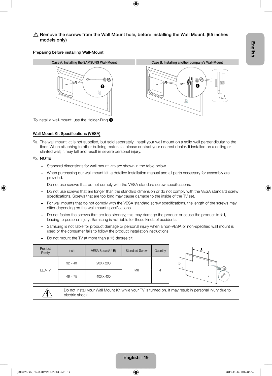 Samsung UE55F6670SSXZF, UE46F6670SSXZF Preparing before installing Wall-Mount, Case A. Installing the Samsung Wall-Mount 