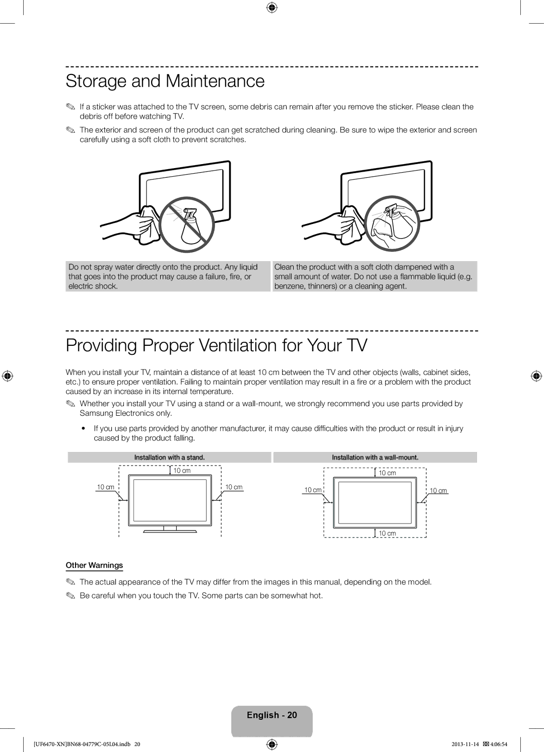 Samsung UE40F6500SSXZF Storage and Maintenance, Providing Proper Ventilation for Your TV, Installation with a stand 10 cm 