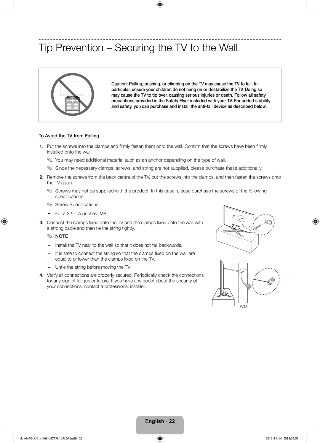 Samsung UE32F6510SSXZF, UE46F6670SSXZF, UE46F6640SSXZF, UE46F6500SSXZF manual Tip Prevention Securing the TV to the Wall 