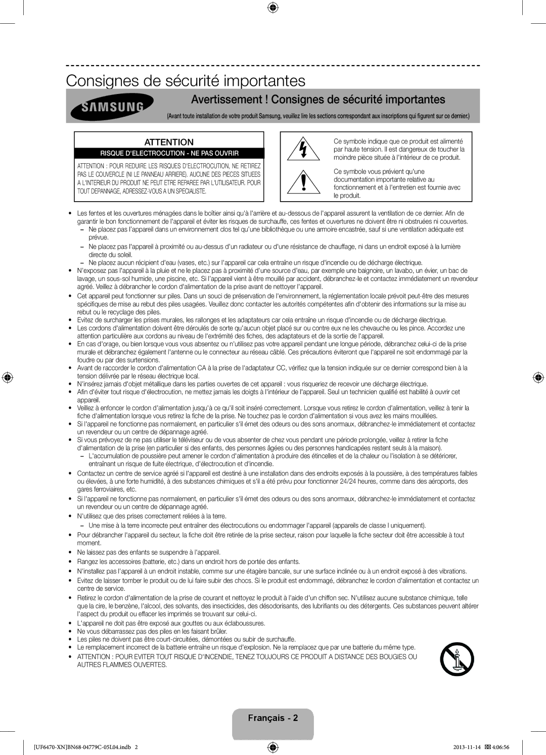 Samsung UE46F6510SSXZF, UE46F6670SSXZF, UE46F6640SSXZF, UE46F6500SSXZF Avertissement ! Consignes de sécurité importantes 