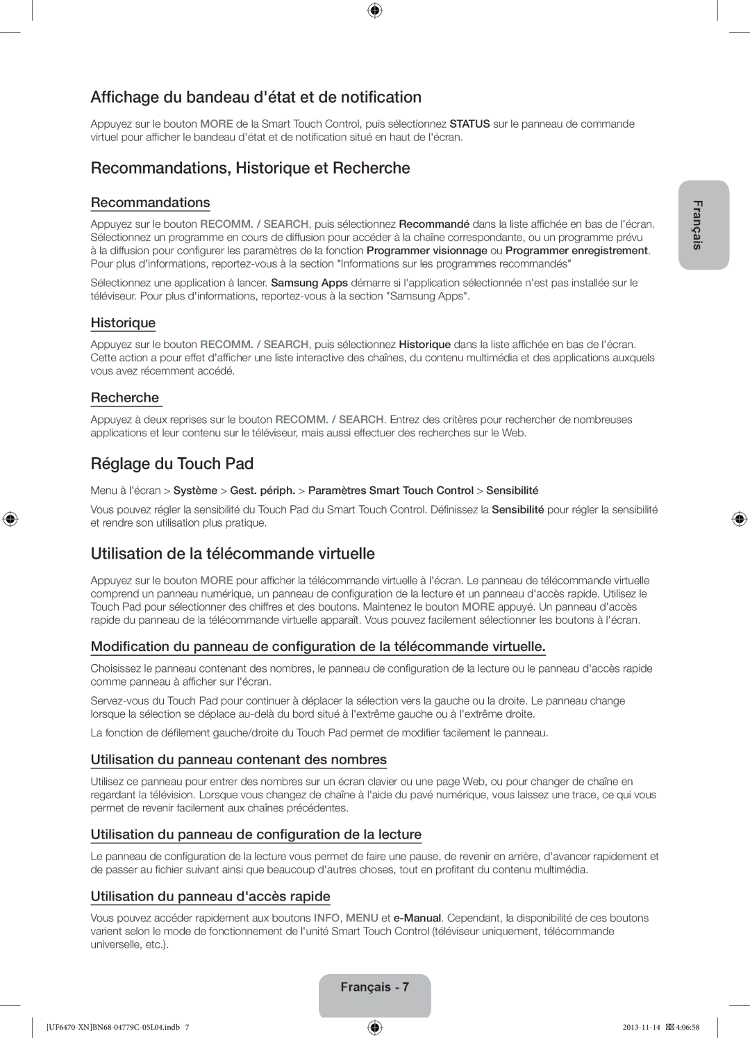 Samsung UE46F6640SSXZF manual Affichage du bandeau détat et de notification, Recommandations, Historique et Recherche 