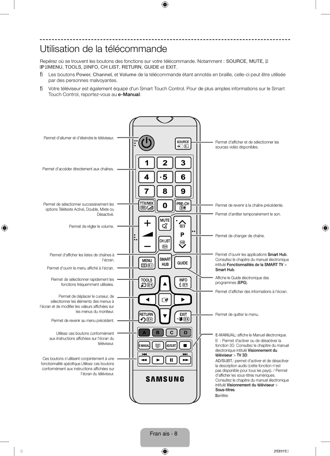 Samsung UE46F6500SSXZF, UE46F6670SSXZF Utilisation de la télécommande, Permet douvrir le menu affiché à lécran, Arrêter 