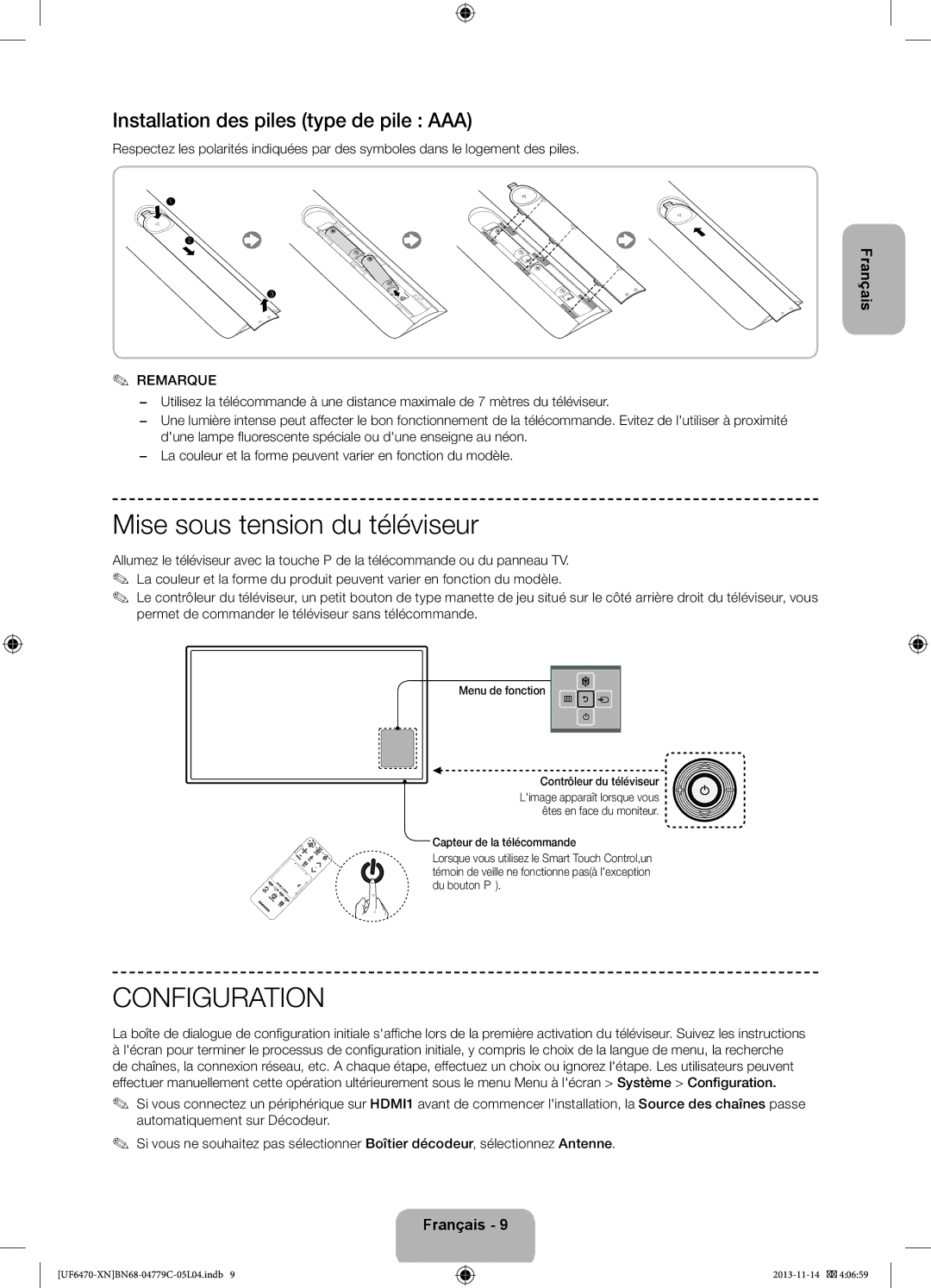 Samsung UE55F6640SSXZF, UE46F6670SSXZF manual Mise sous tension du téléviseur, Installation des piles type de pile AAA 