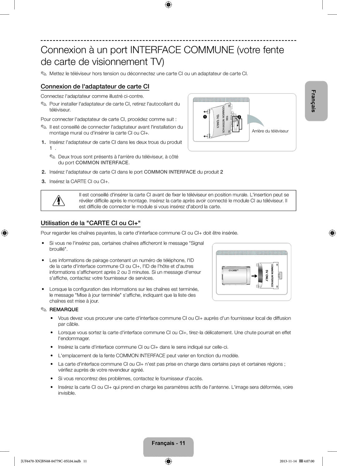 Samsung UE40F6500SSXZF Connexion de ladaptateur de carte CI, Utilisation de la Carte CI ou CI+, Arrière du téléviseur 