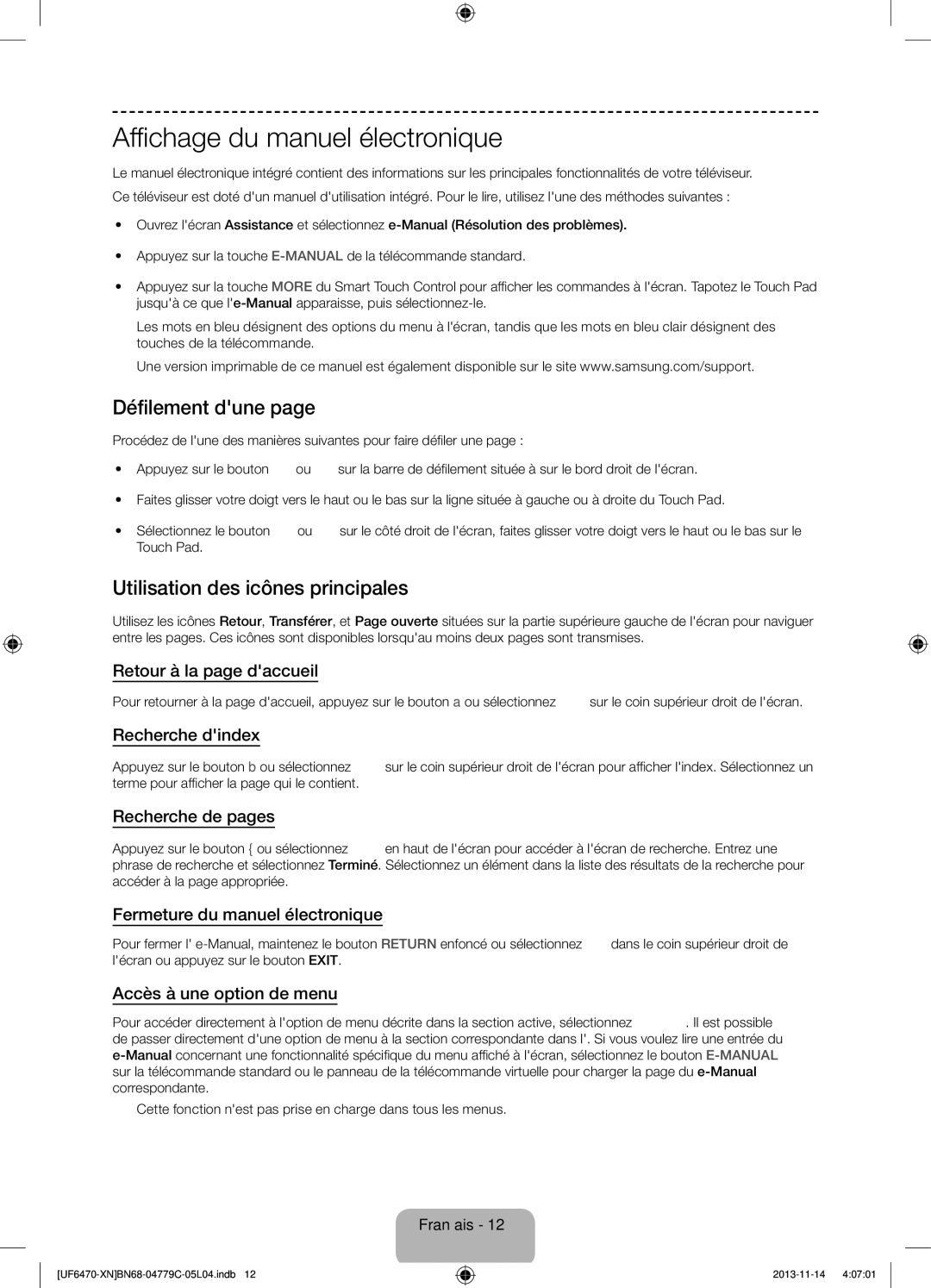 Samsung UE40F6650SSXZF manual Affichage du manuel électronique, Défilement dune, Utilisation des icônes principales 