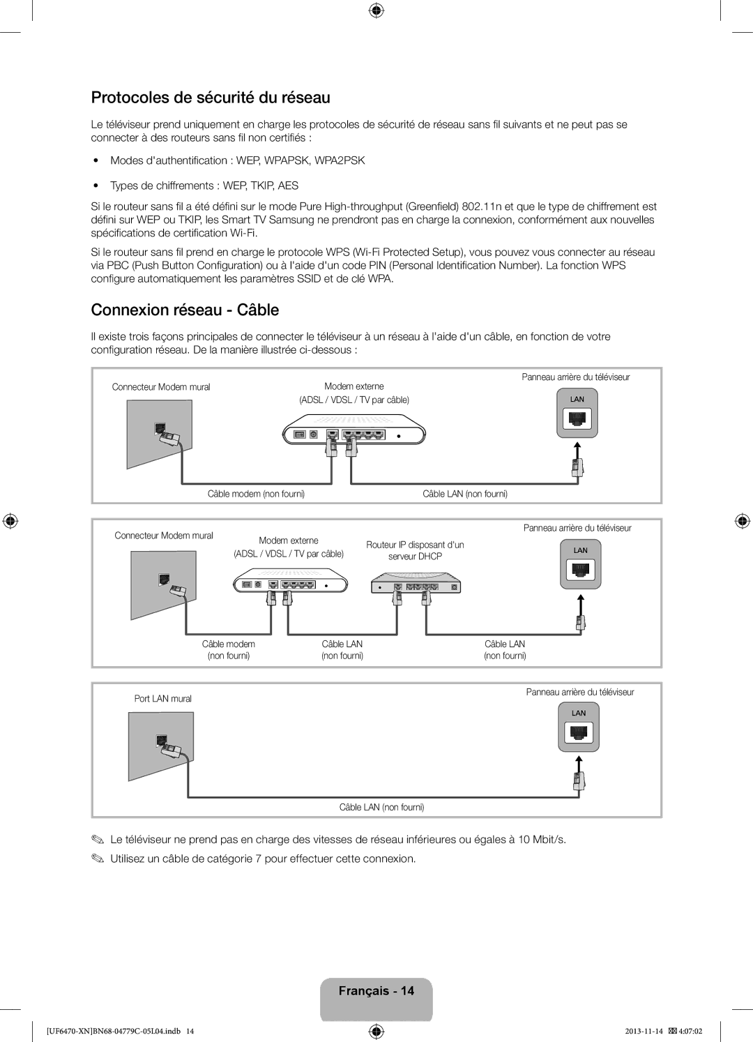 Samsung UE40F6670SSXZF manual Protocoles de sécurité du réseau, Connexion réseau Câble, Connecteur Modem mural, Câble LAN 