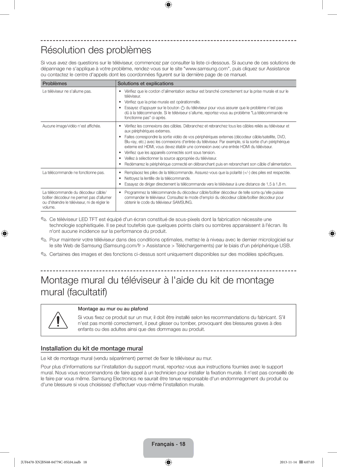 Samsung UE40F6640SSXZF Résolution des problèmes, Installation du kit de montage mural, Problèmes Solutions et explications 