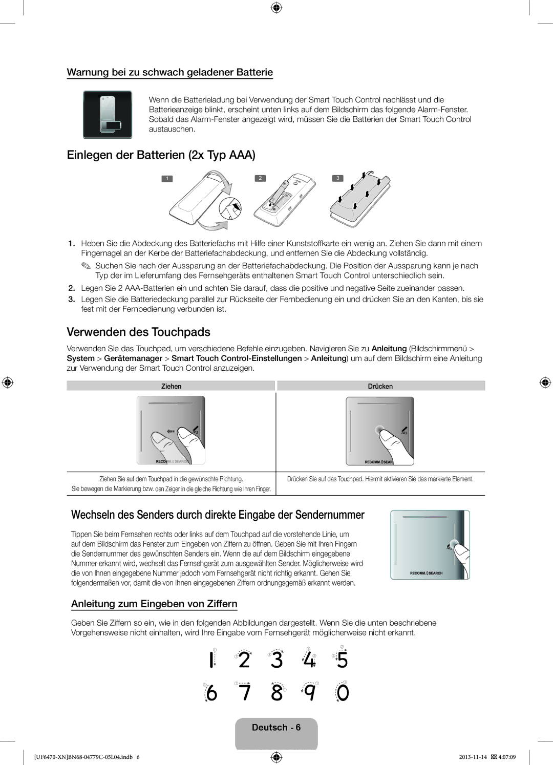 Samsung UE40F6510SSXZF Einlegen der Batterien 2x Typ AAA, Verwenden des Touchpads, Anleitung zum Eingeben von Ziffern 