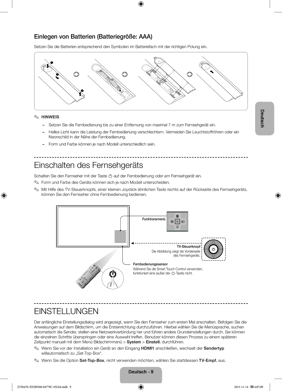 Samsung UE40F6640SSXZF manual Einschalten des Fernsehgeräts, Einlegen von Batterien Batteriegröße AAA, Fernbedienungssensor 