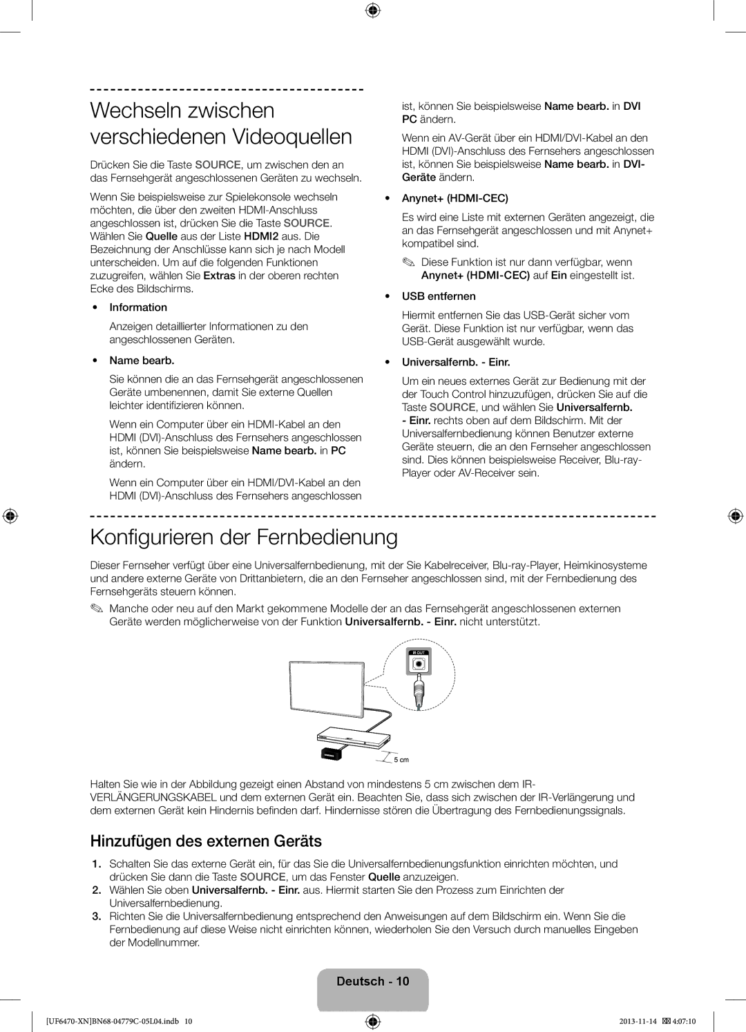 Samsung UE46F6650SSXZF, UE46F6670SSXZF, UE46F6640SSXZF manual Konfigurieren der Fernbedienung, Hinzufügen des externen Geräts 