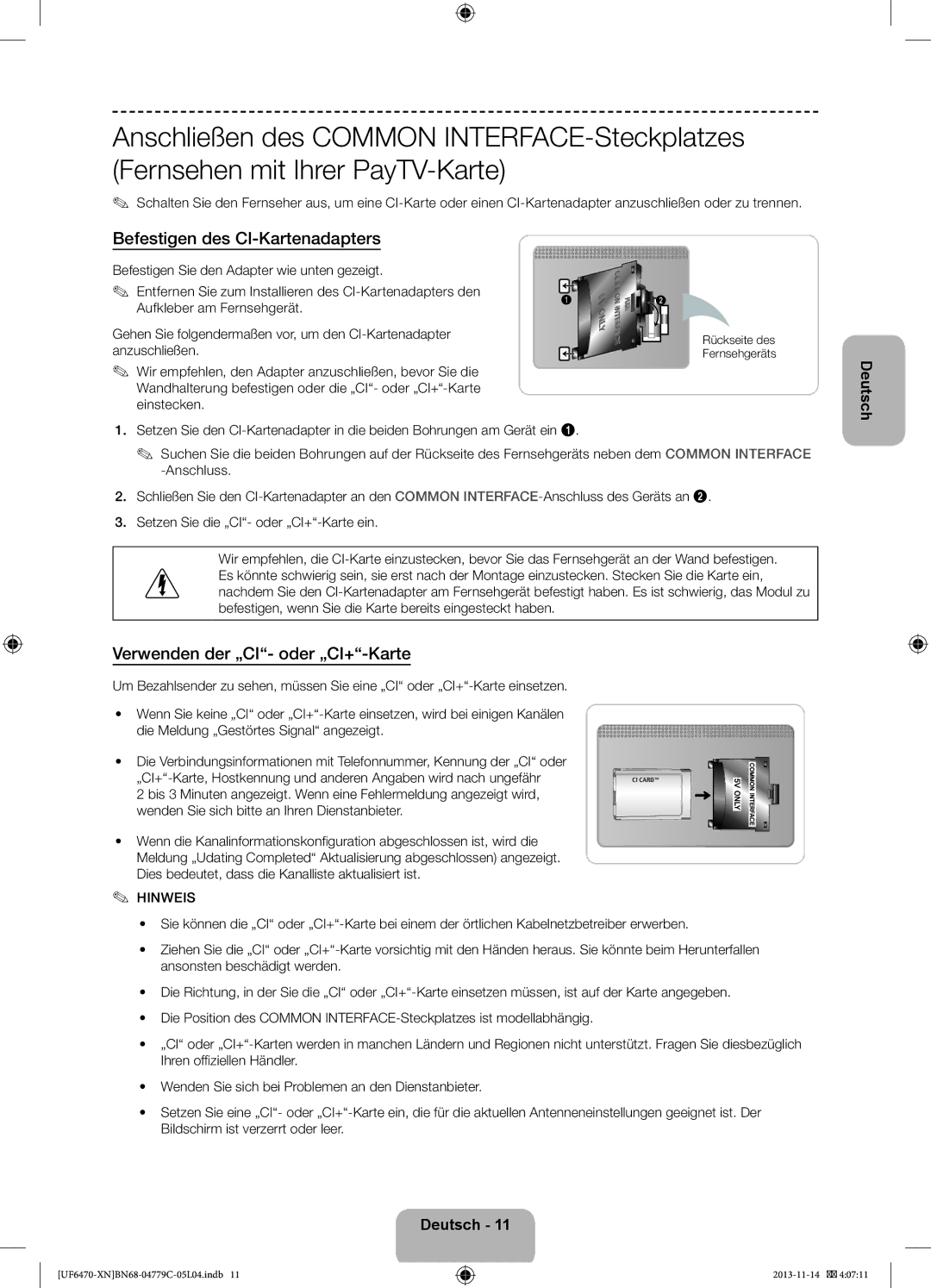 Samsung UE55F6510SSXZF Befestigen des CI-Kartenadapters, Verwenden der „CI- oder „CI+-Karte, Rückseite des Fernsehgeräts 