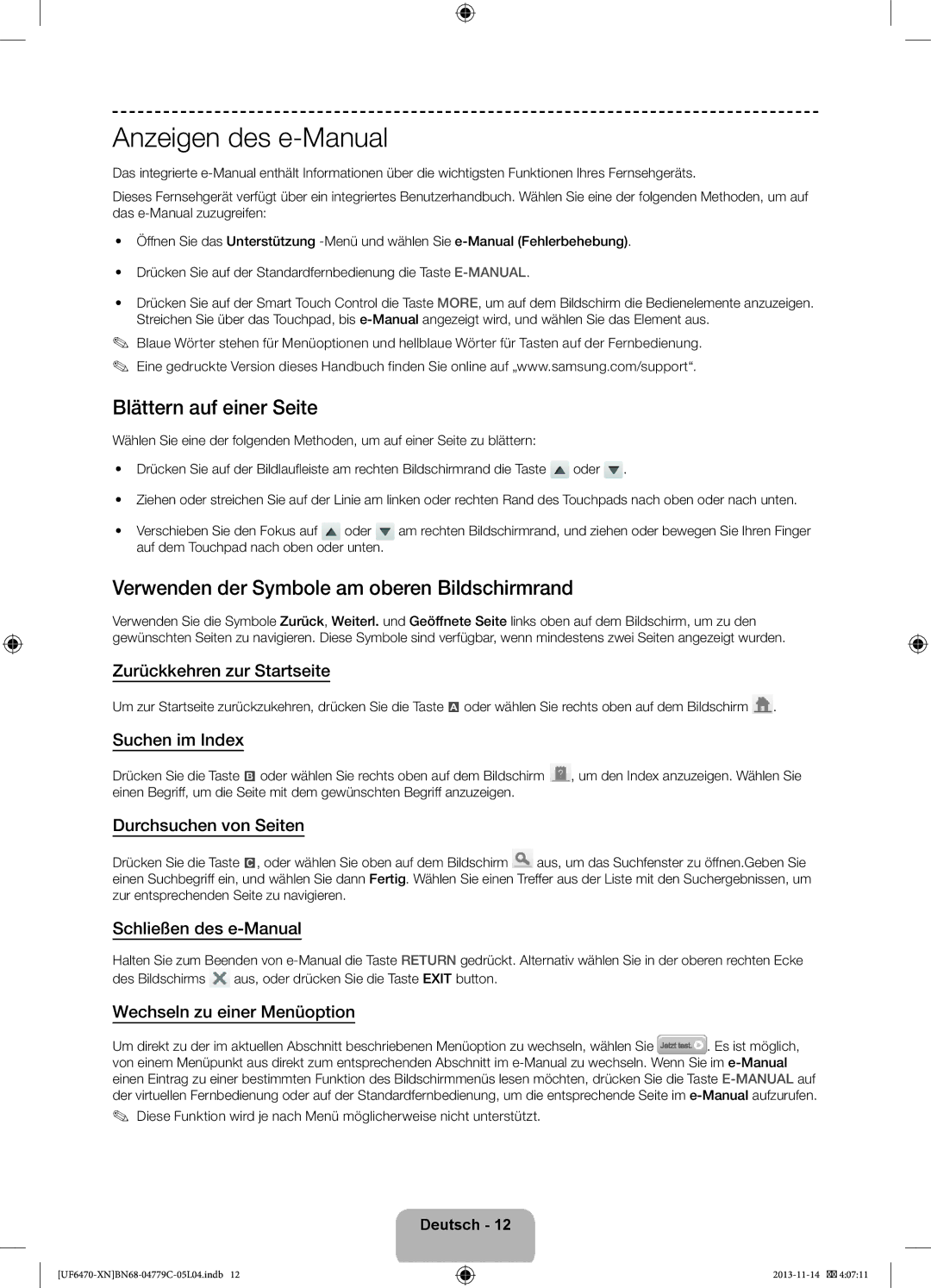 Samsung UE46F6670SSXZF Anzeigen des e-Manual, Blättern auf einer Seite, Verwenden der Symbole am oberen Bildschirmrand 