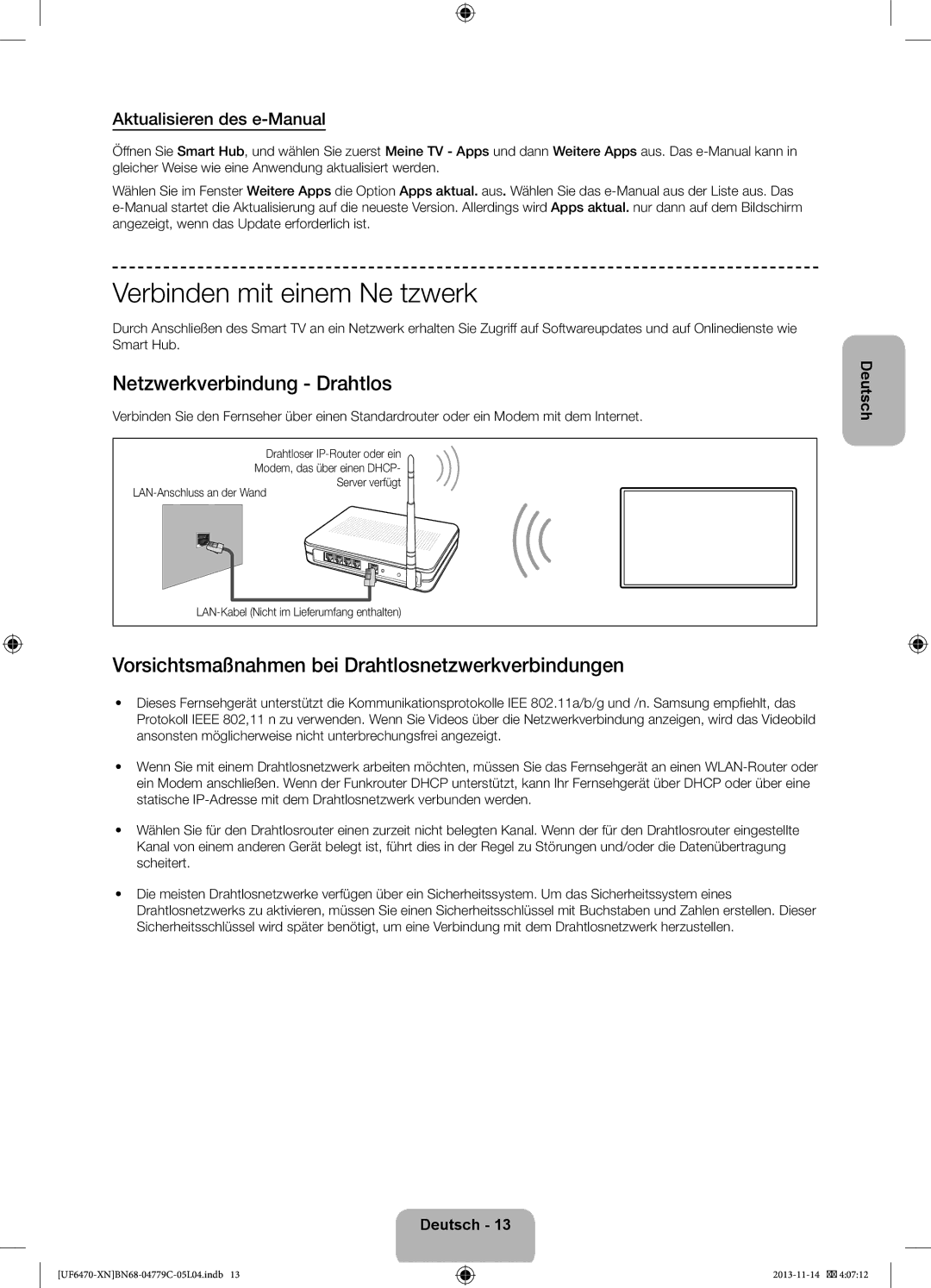 Samsung UE46F6640SSXZF manual Verbinden mit einem Ne tzwerk, Netzwerkverbindung Drahtlos, Aktualisieren des e-Manual 