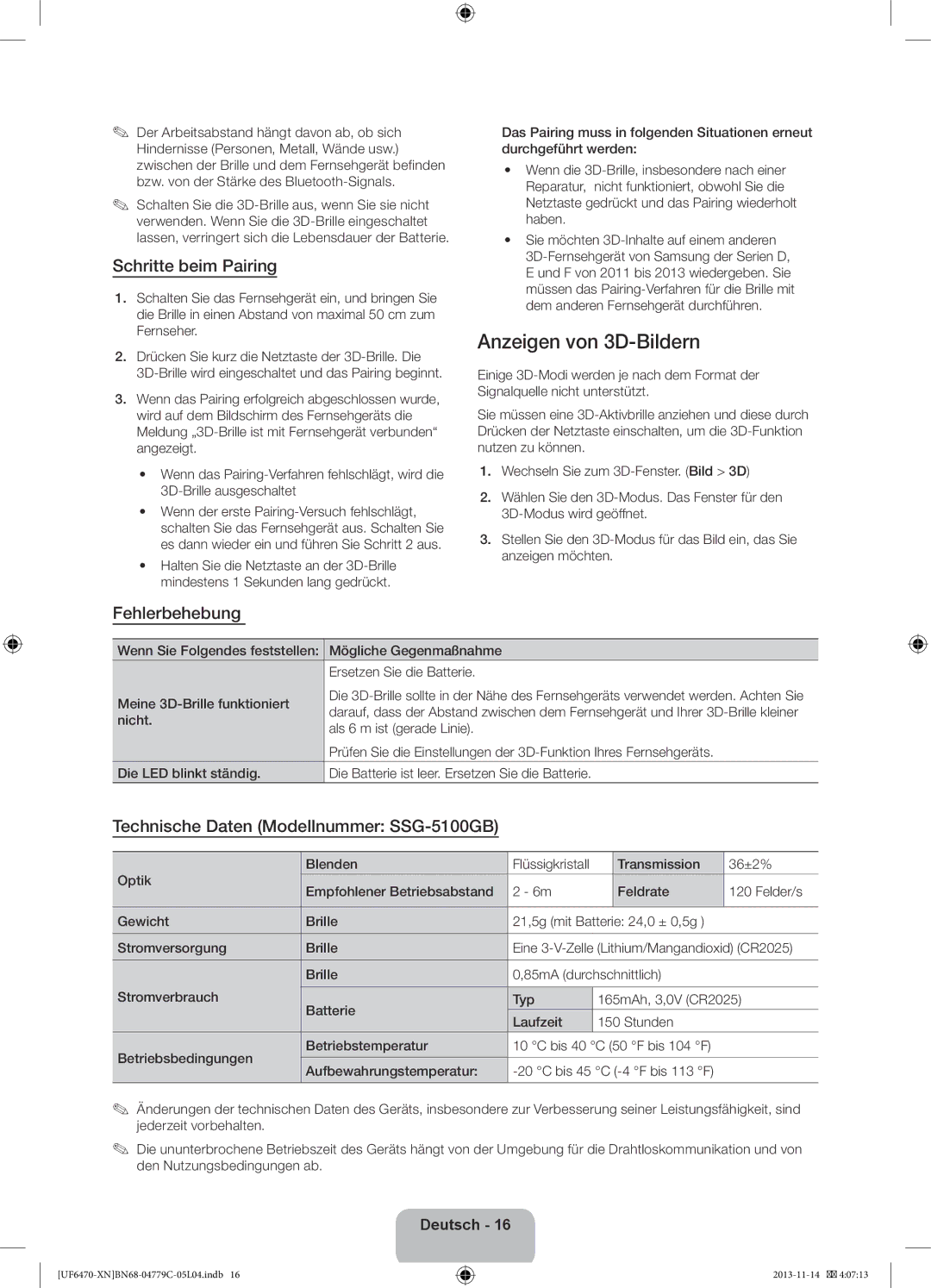 Samsung UE55F6670SSXZF, UE46F6670SSXZF, UE46F6640SSXZF manual Anzeigen von 3D-Bildern, Schritte beim Pairing, Fehlerbehebung 