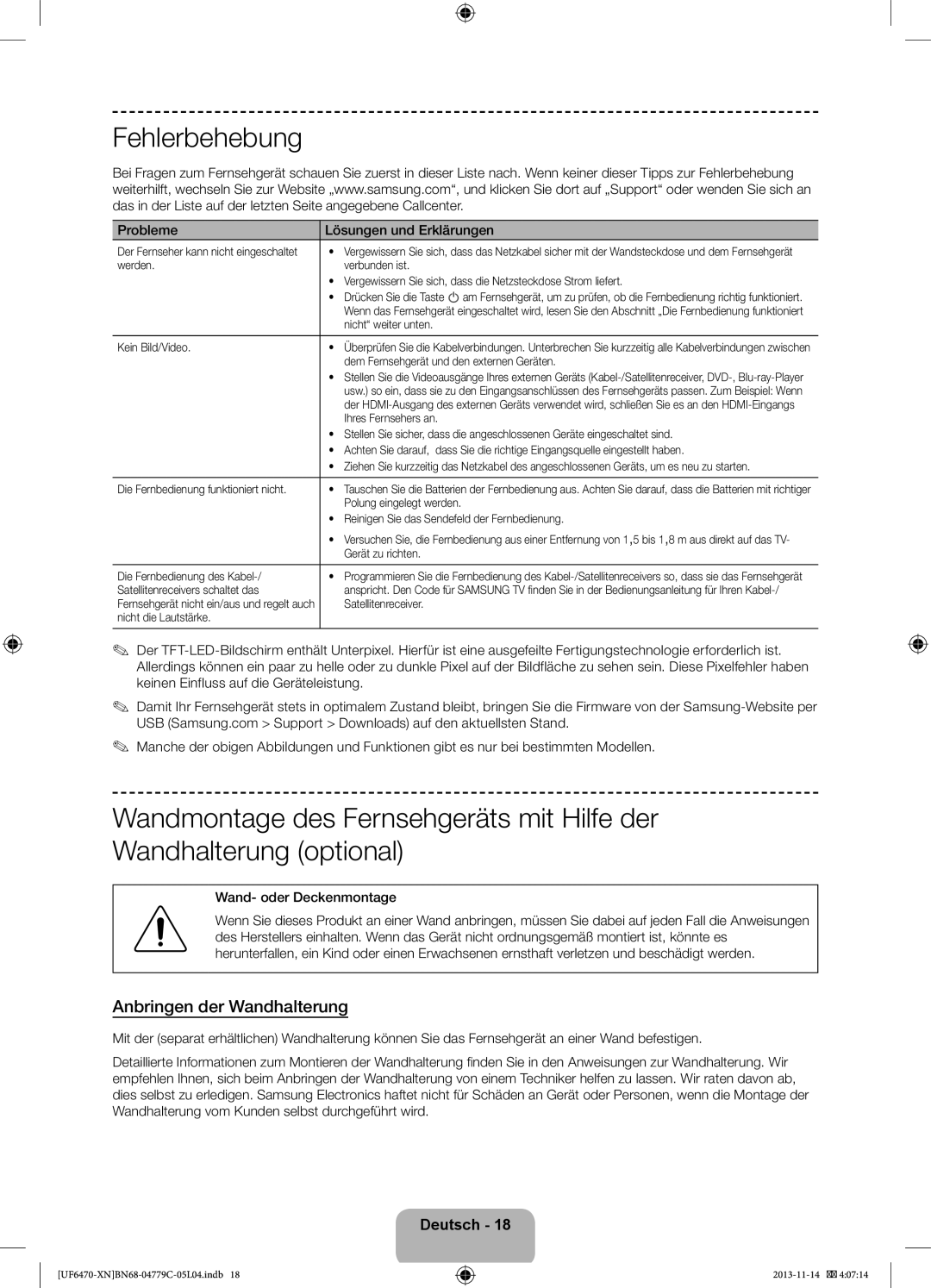 Samsung UE40F6650SSXZF, UE46F6670SSXZF manual Fehlerbehebung, Anbringen der Wandhalterung, Probleme Lösungen und Erklärungen 