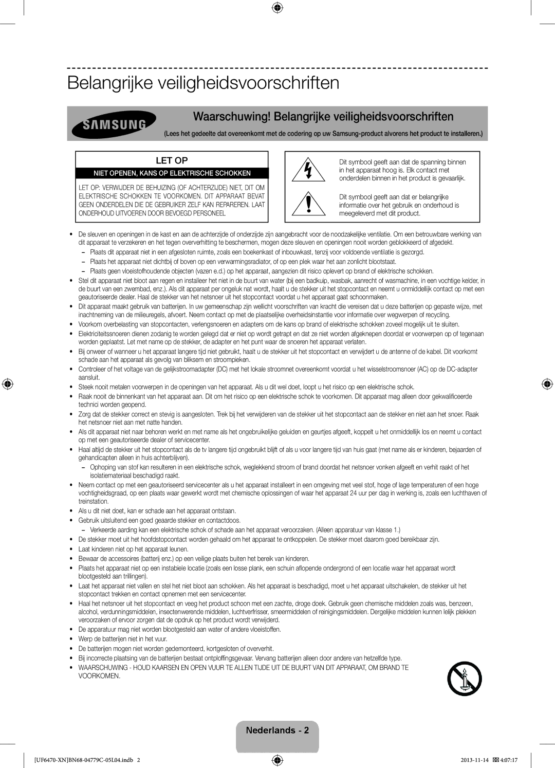Samsung UE55F6510SSXZF, UE46F6670SSXZF, UE46F6640SSXZF manual Waarschuwing! Belangrijke veiligheidsvoorschriften 